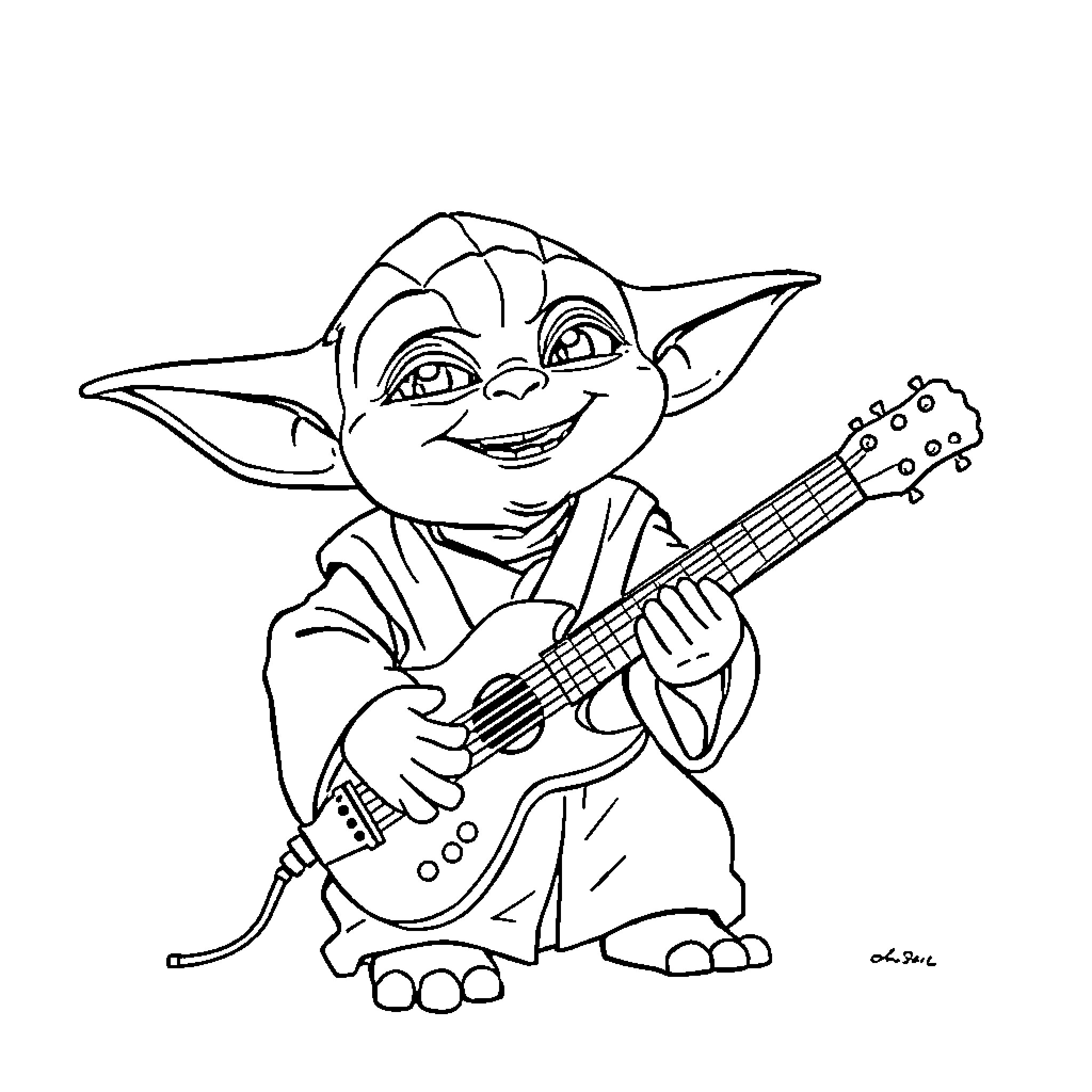 Yoda playing guitar with a mischievous grin Coloring Page (free black-and-white line drawing printable PDF for all, from beginners to advanced learners, including children, teens, adults, and seniors)