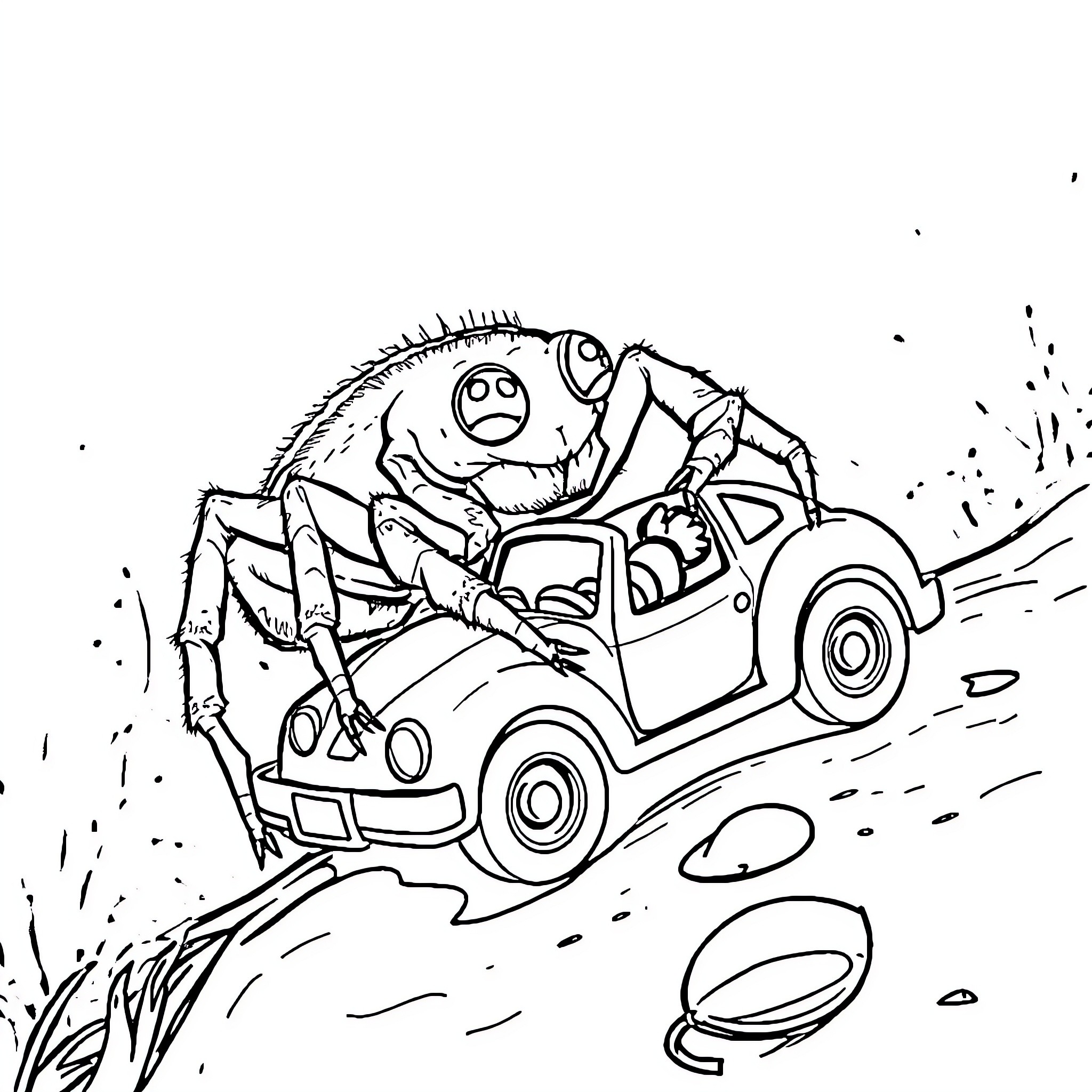 Spider driving a car with a shocked expression Coloring Page (free black-and-white line drawing printable PDF for all, from beginners to advanced learners, including children, teens, adults, and seniors)