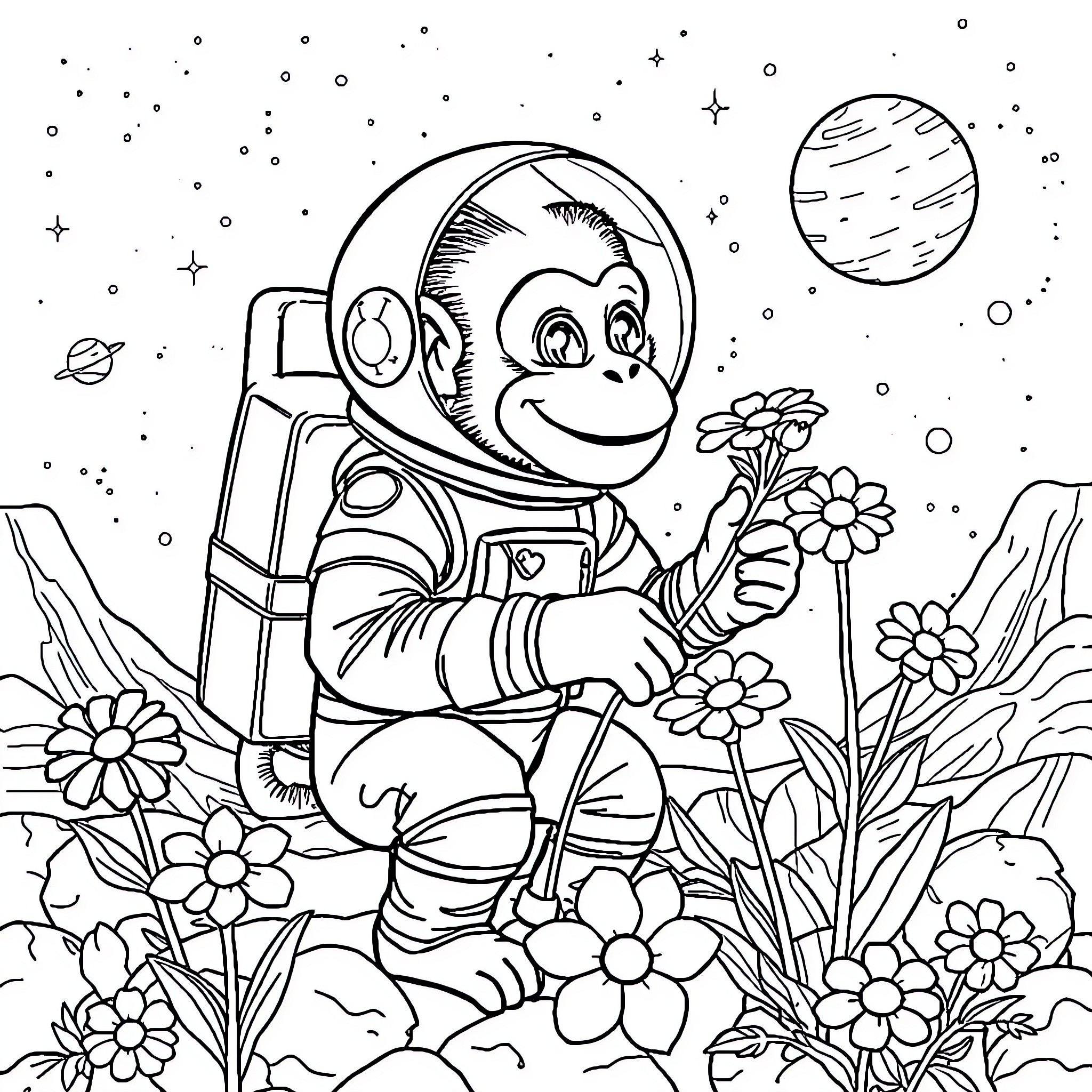 Astronaut Monkey exploring a floral landscape Coloring Page (free black-and-white line drawing printable PDF for all, from beginners to advanced learners, including children, teens, adults, and seniors)