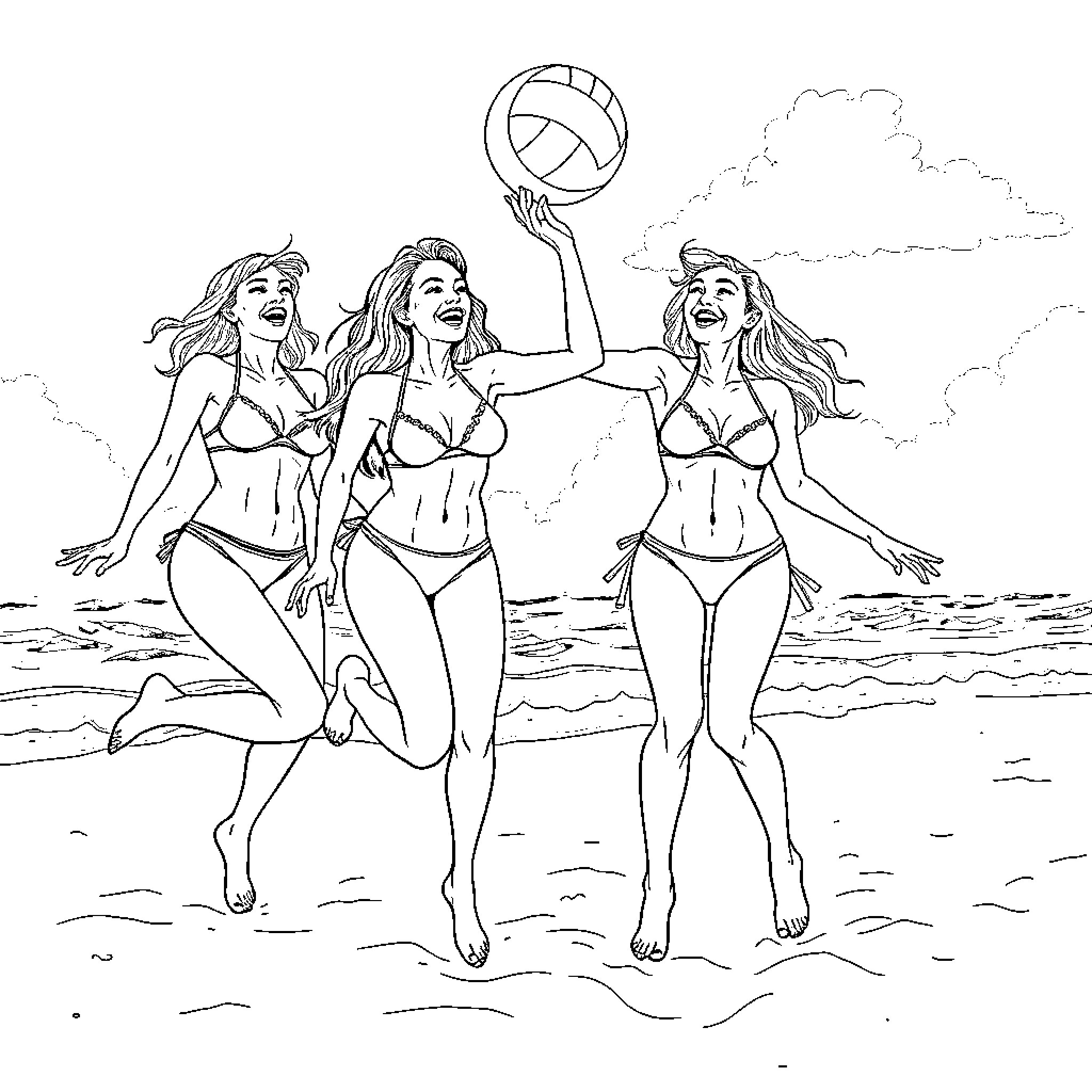 Model Women Enjoying Beach Ball Game Coloring Page (free black-and-white line drawing printable PDF for all, from beginners to advanced learners, including children, teens, adults, and seniors)