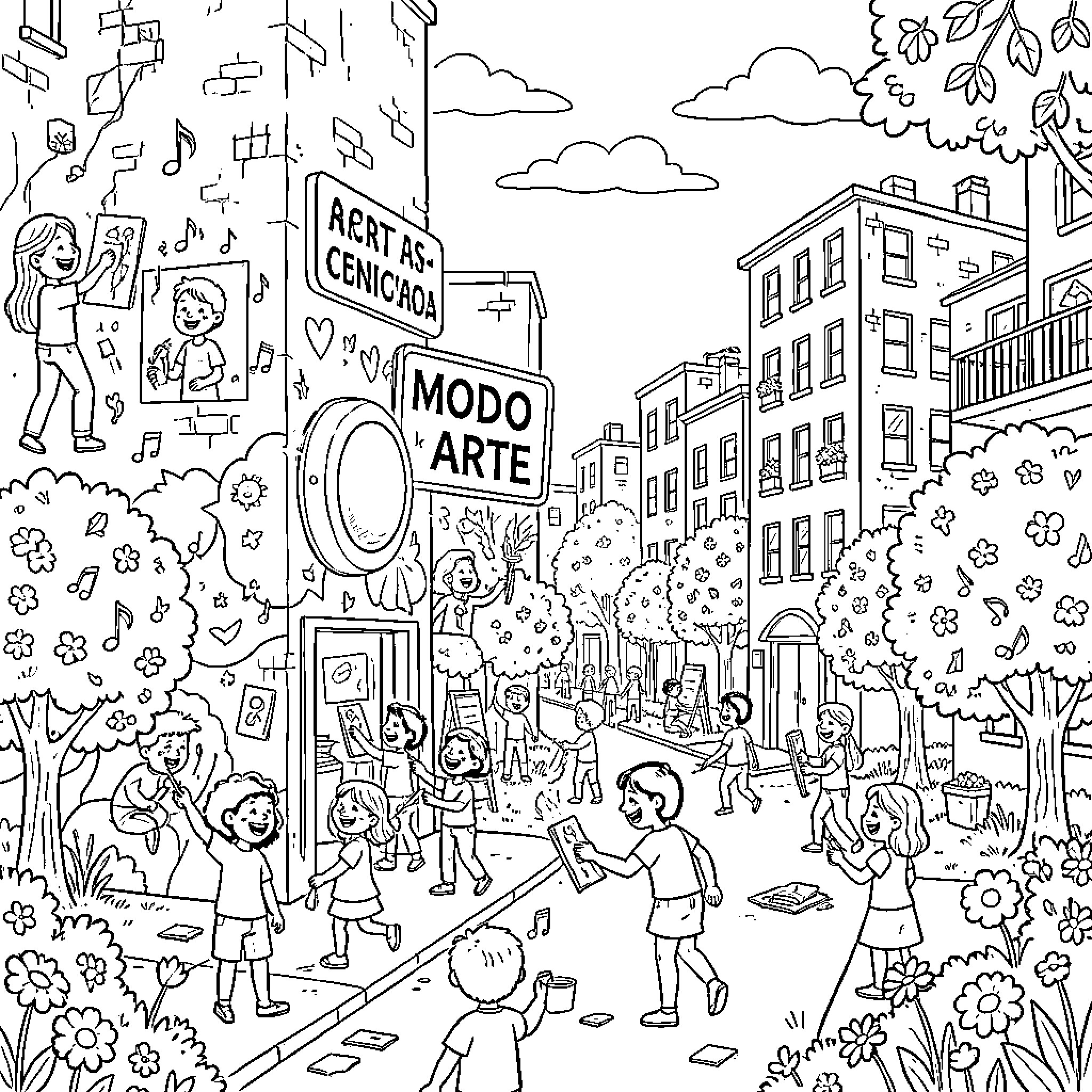 City Celebrating Arts and Culture on the Street Coloring Page (free black-and-white line drawing printable PDF for all, from beginners to advanced learners, including children, teens, adults, and seniors)