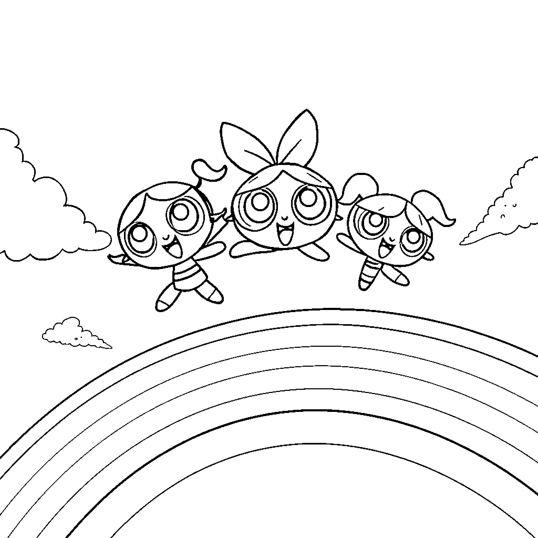 Powerpuff Girls playfully soaring over a rainbow Coloring Page (free black-and-white line drawing printable PDF for all, from beginners to advanced learners, including children, teens, adults, and seniors)