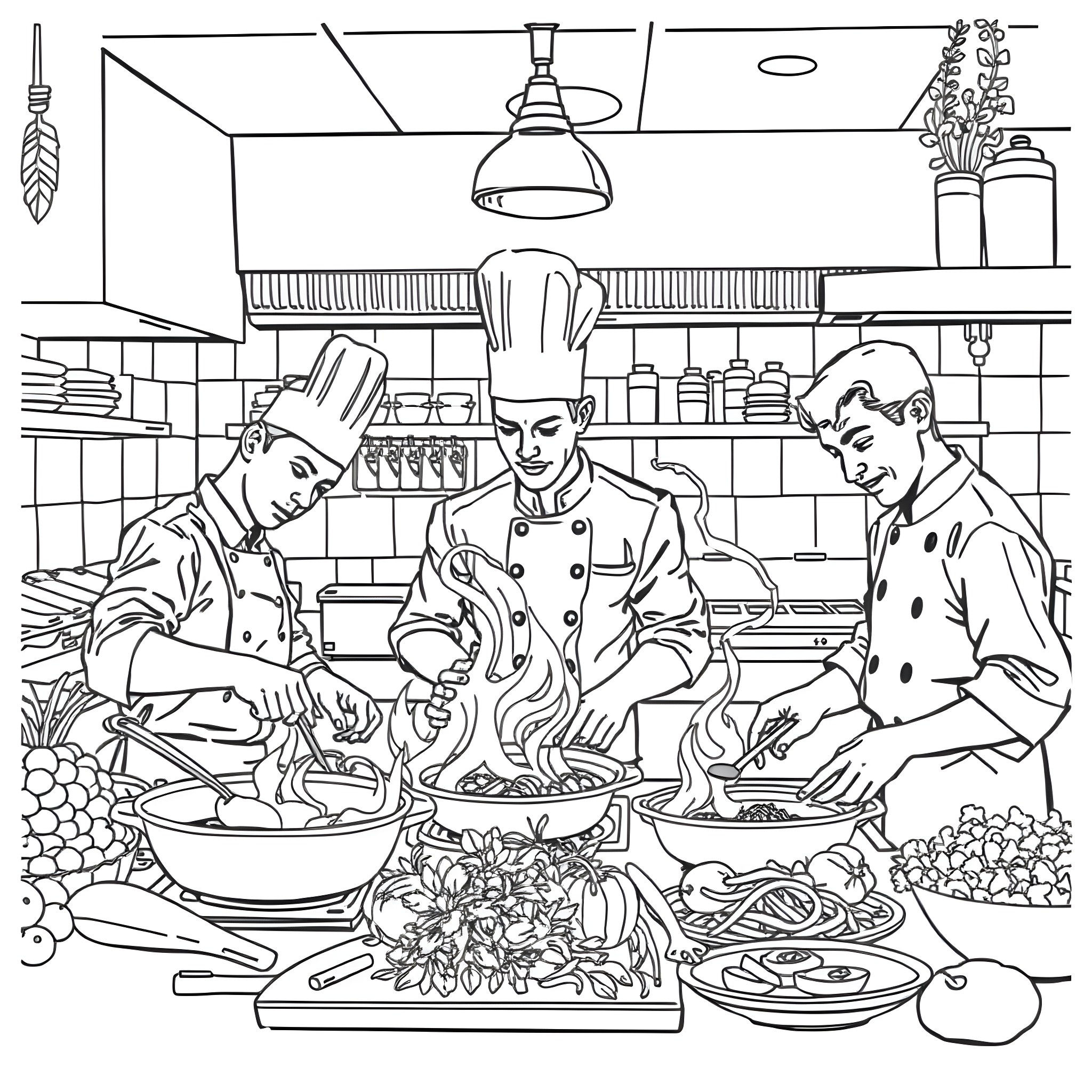 Chef Preparing Delicious Dishes in a Busy Kitchen Coloring Page (free black-and-white line drawing printable PDF for all, from beginners to advanced learners, including children, teens, adults, and seniors)