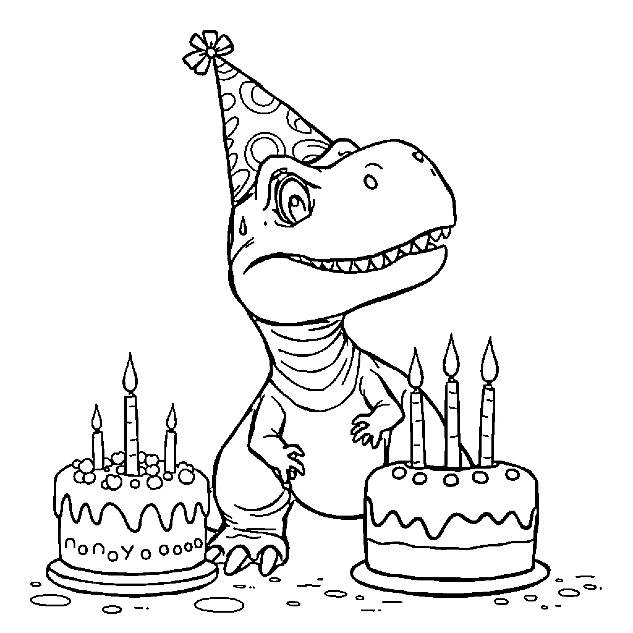 Trex celebrating birthday with cake and party hat Coloring Page (free black-and-white line drawing printable PDF for all, from beginners to advanced learners, including children, teens, adults, and seniors)