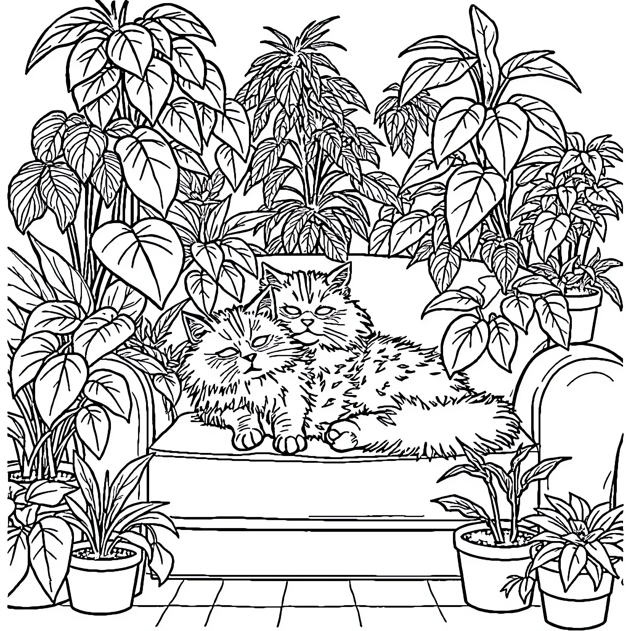 Cat cozy among lush foliage Coloring Page (free black-and-white line drawing printable PDF for all, from beginners to advanced learners, including children, teens, adults, and seniors)