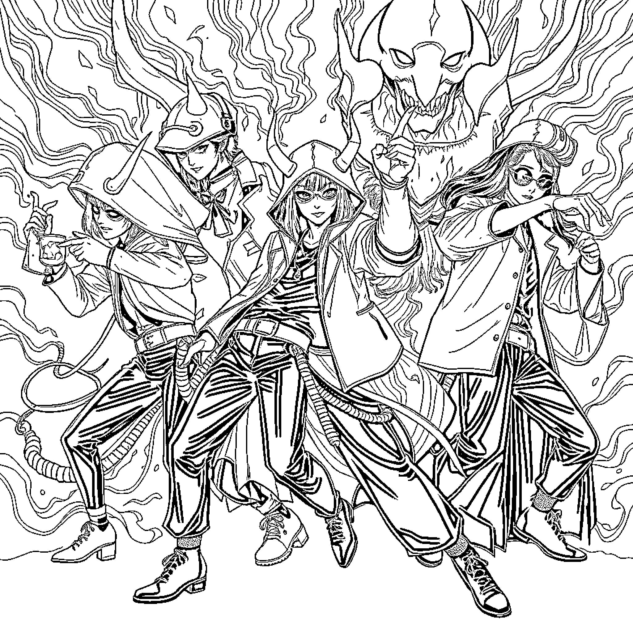 Demon Hunter Battling Fantastical Creatures with Allies Coloring Page (free black-and-white line drawing printable PDF for all, from beginners to advanced learners, including children, teens, adults, and seniors)