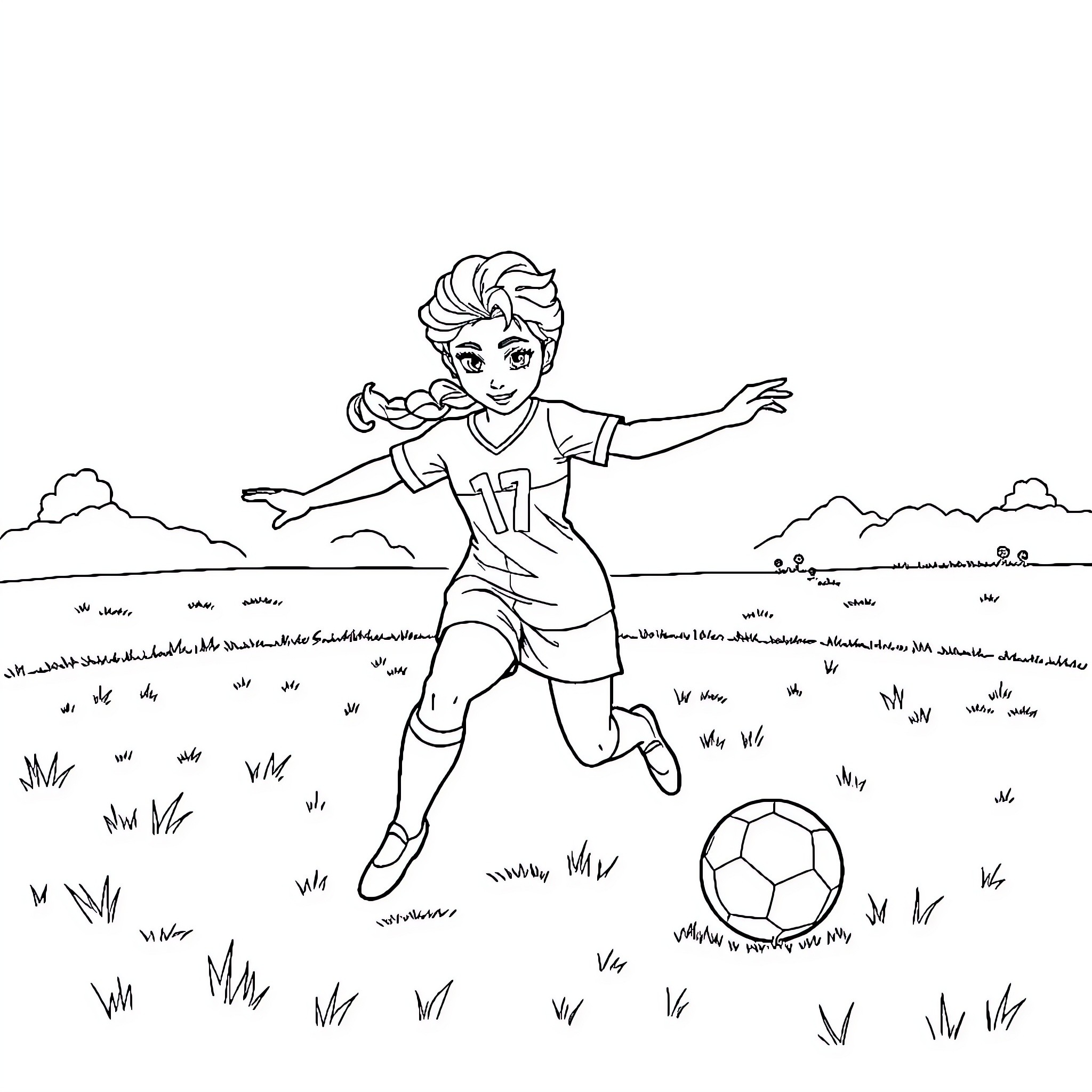 Elsa playing soccer joyfully in the field Coloring Page (free black-and-white line drawing printable PDF for all, from beginners to advanced learners, including children, teens, adults, and seniors)