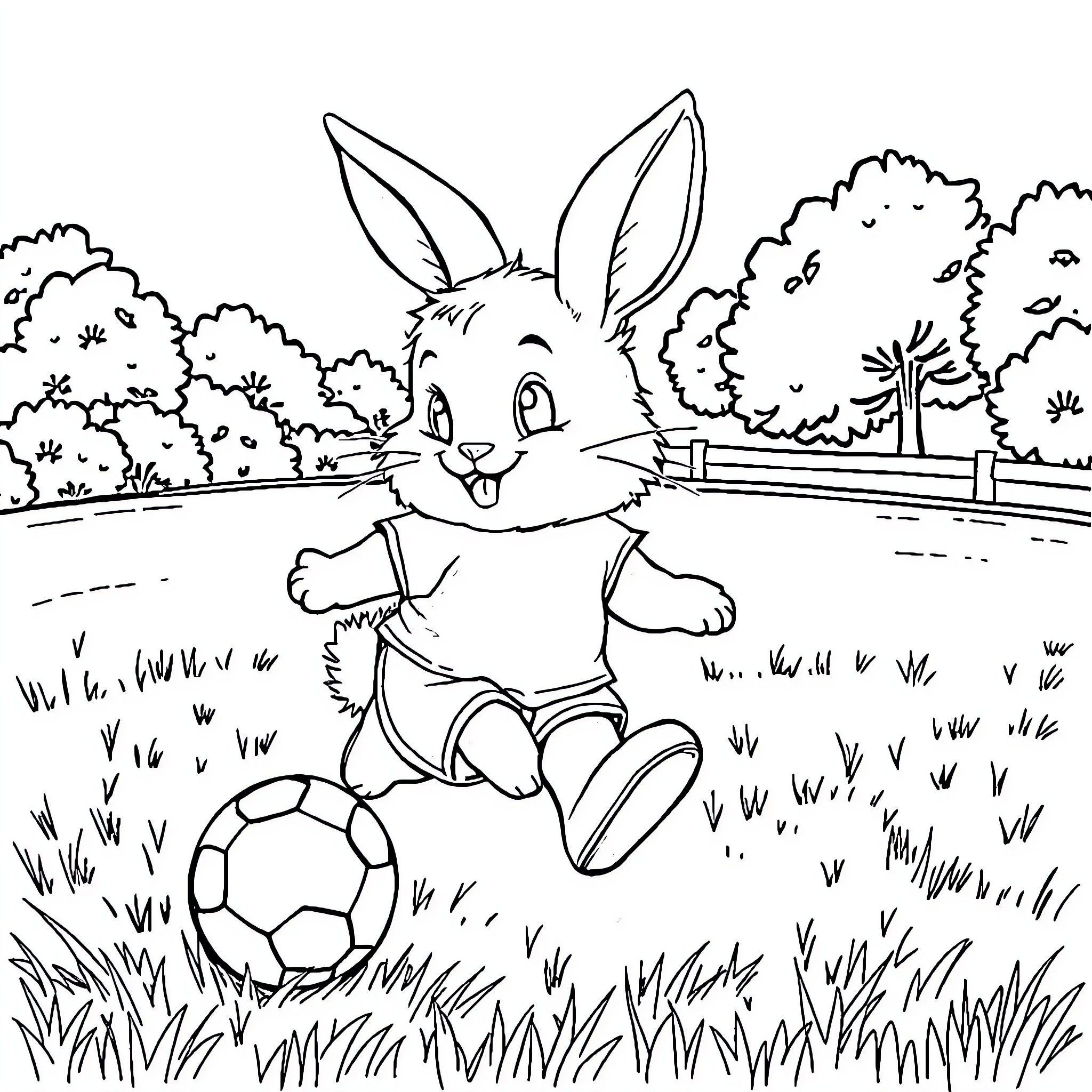 Rabbit playing happily with soccer ball in the park Coloring Page (free black-and-white line drawing printable PDF for all, from beginners to advanced learners, including children, teens, adults, and seniors)