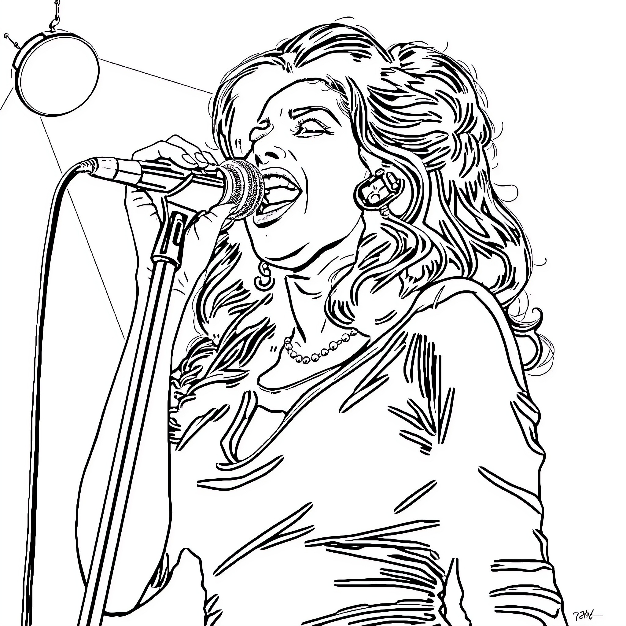 Amy Winehouse performing on stage with passion Coloring Page (free black-and-white line drawing printable PDF for all, from beginners to advanced learners, including children, teens, adults, and seniors)
