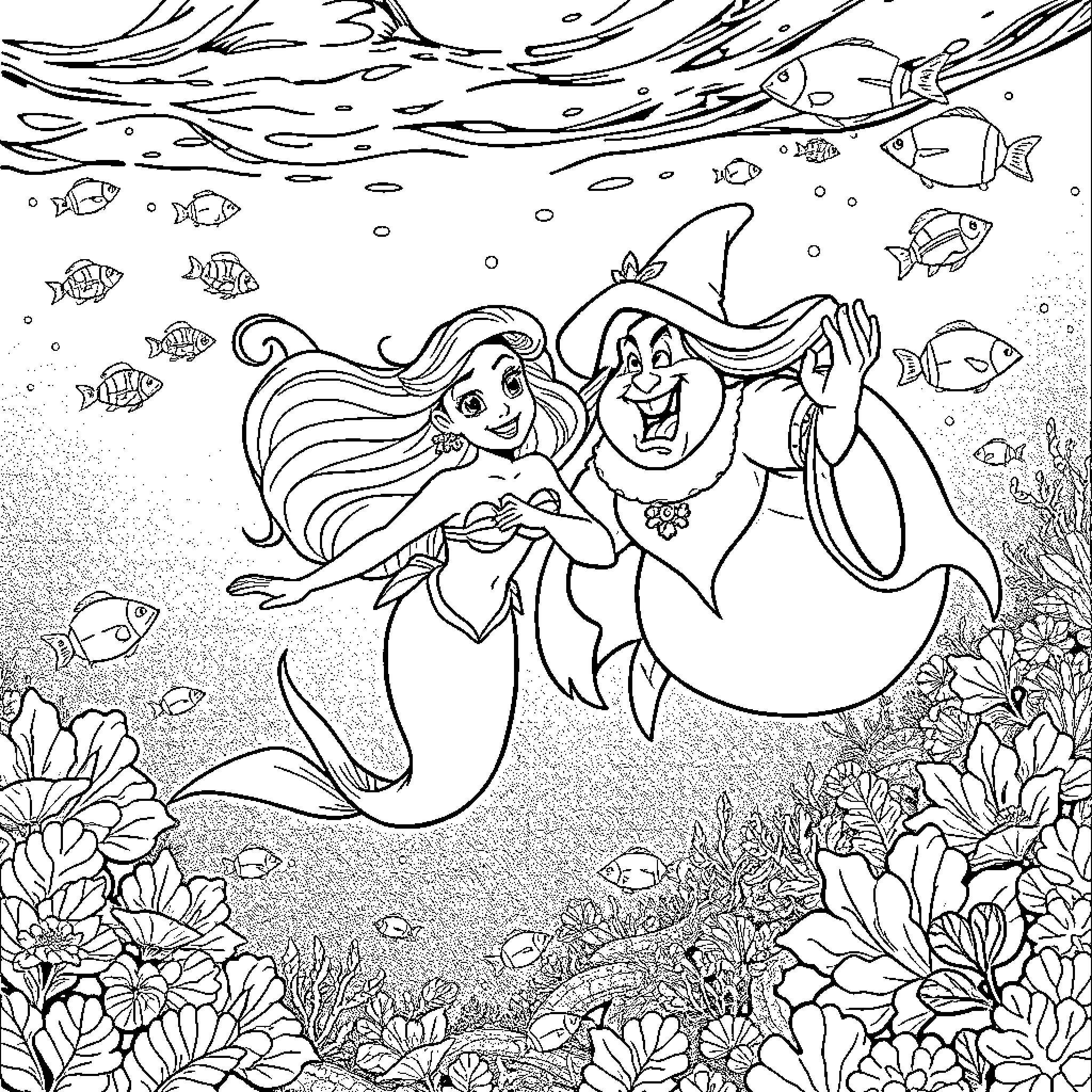 Ariel and Flounder exploring the underwater world Coloring Page (free black-and-white line drawing printable PDF for all, from beginners to advanced learners, including children, teens, adults, and seniors)