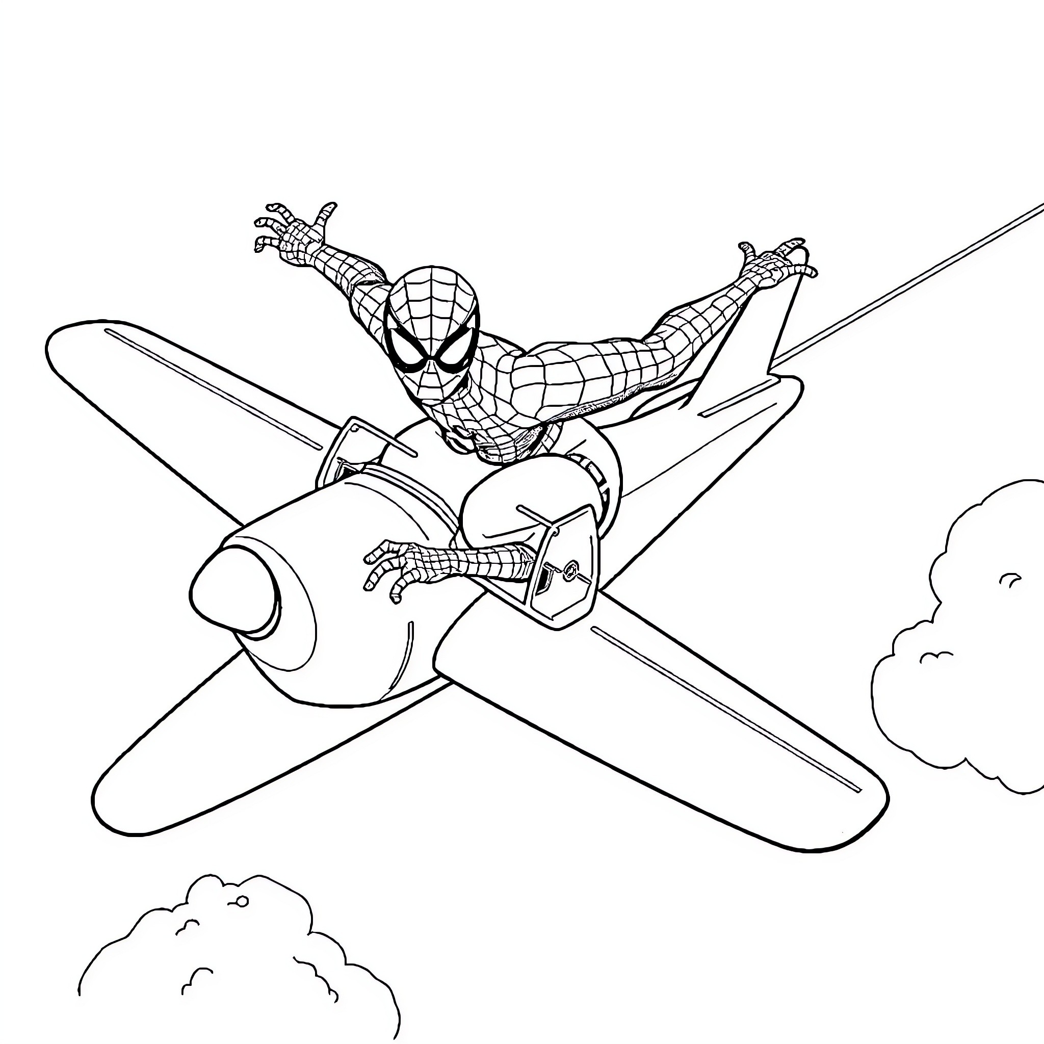 Spiderman soaring through the sky on an airplane Coloring Page (free black-and-white line drawing printable PDF for all, from beginners to advanced learners, including children, teens, adults, and seniors)