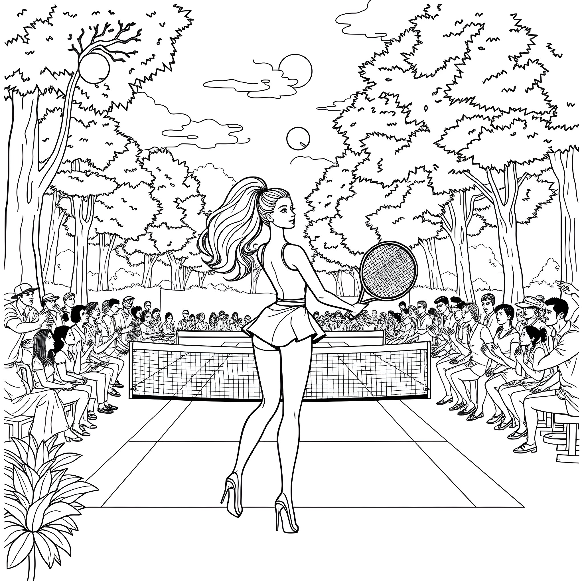 Barbie playing tennis on a colorful outdoor court Coloring Page (free black-and-white line drawing printable PDF for all, from beginners to advanced learners, including children, teens, adults, and seniors)