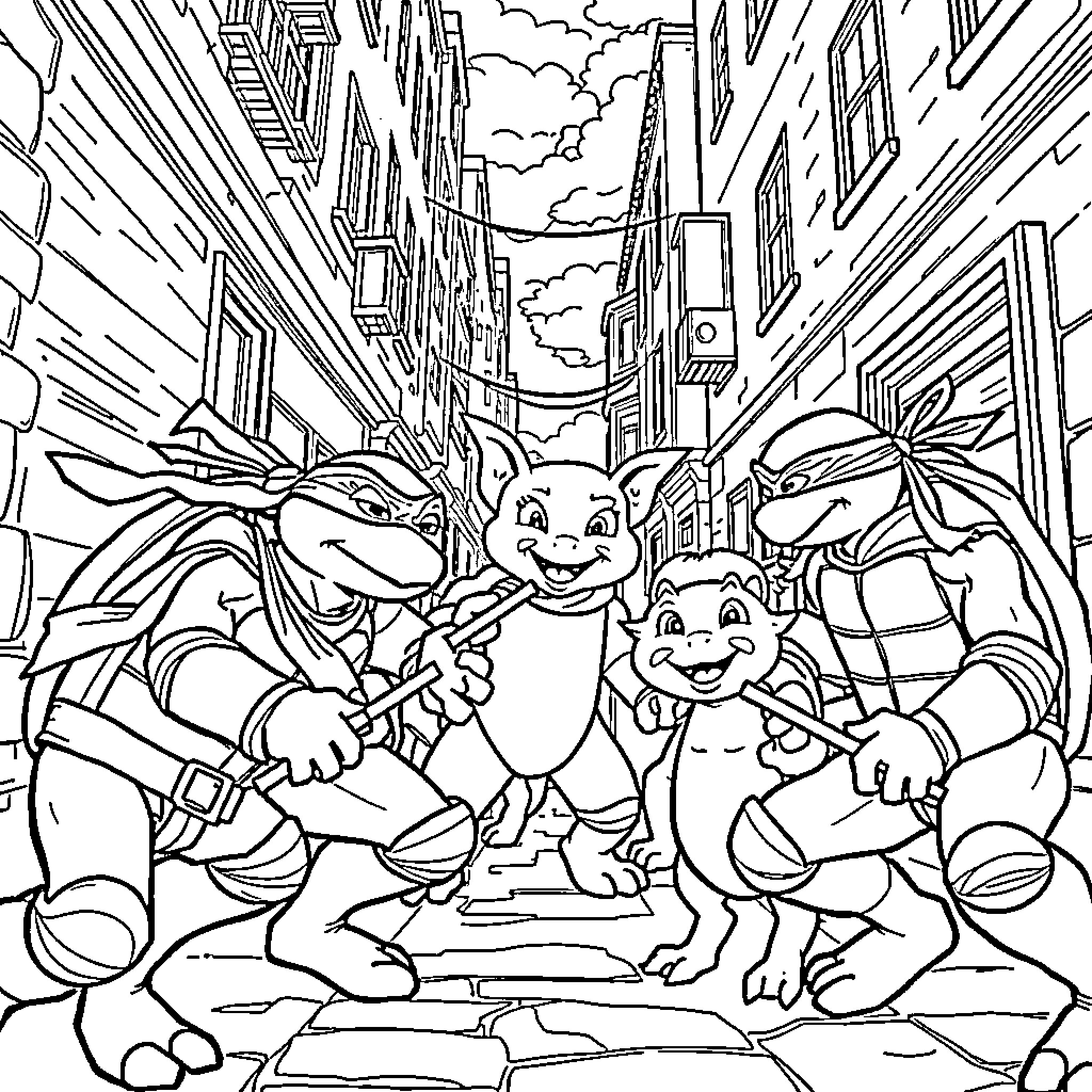 Teenage Mutant Ninja Turtles exploring the city streets Coloring Page (free black-and-white line drawing printable PDF for all, from beginners to advanced learners, including children, teens, adults, and seniors)