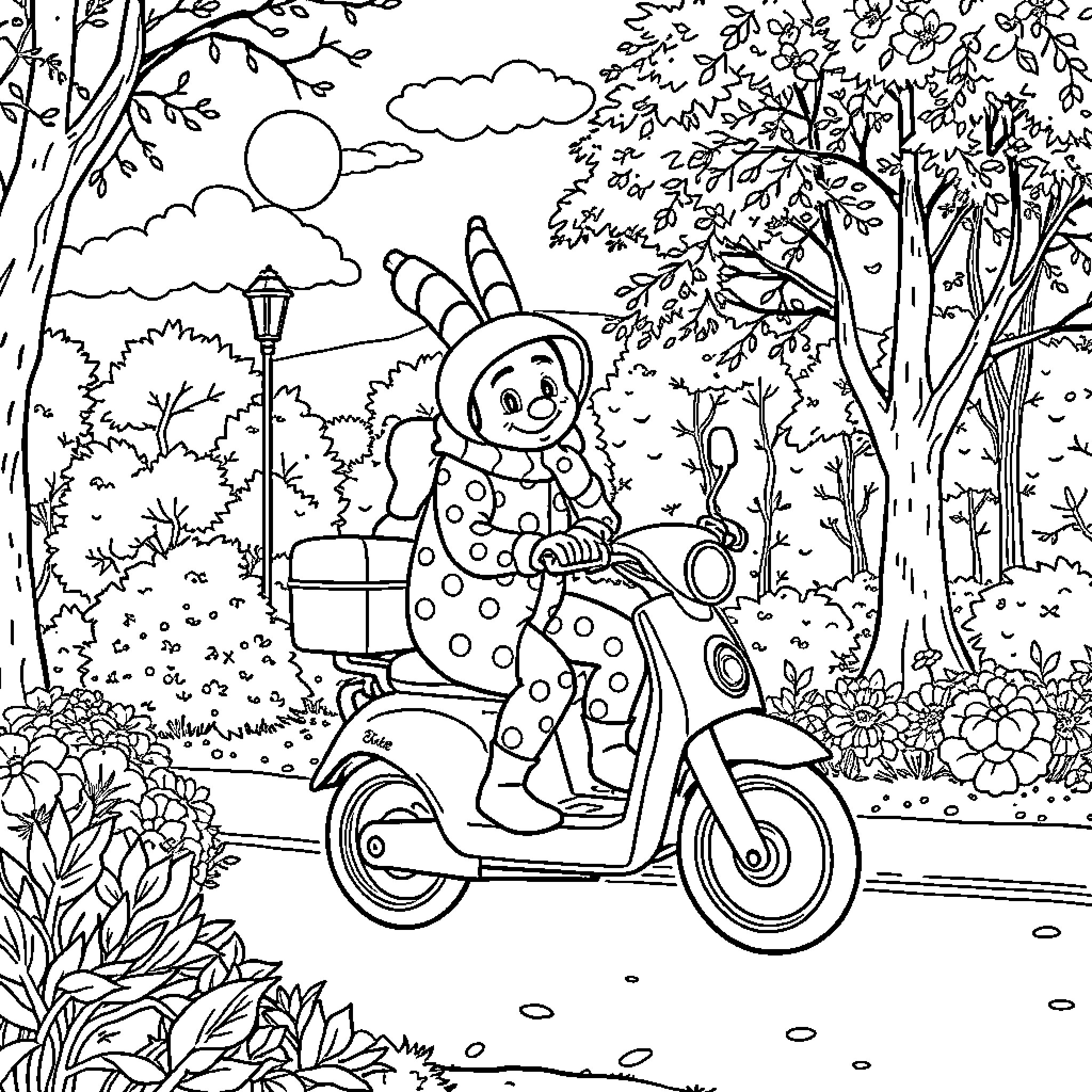 Lutin riding a scooter in a whimsical forest Coloring Page (free black-and-white line drawing printable PDF for all, from beginners to advanced learners, including children, teens, adults, and seniors)