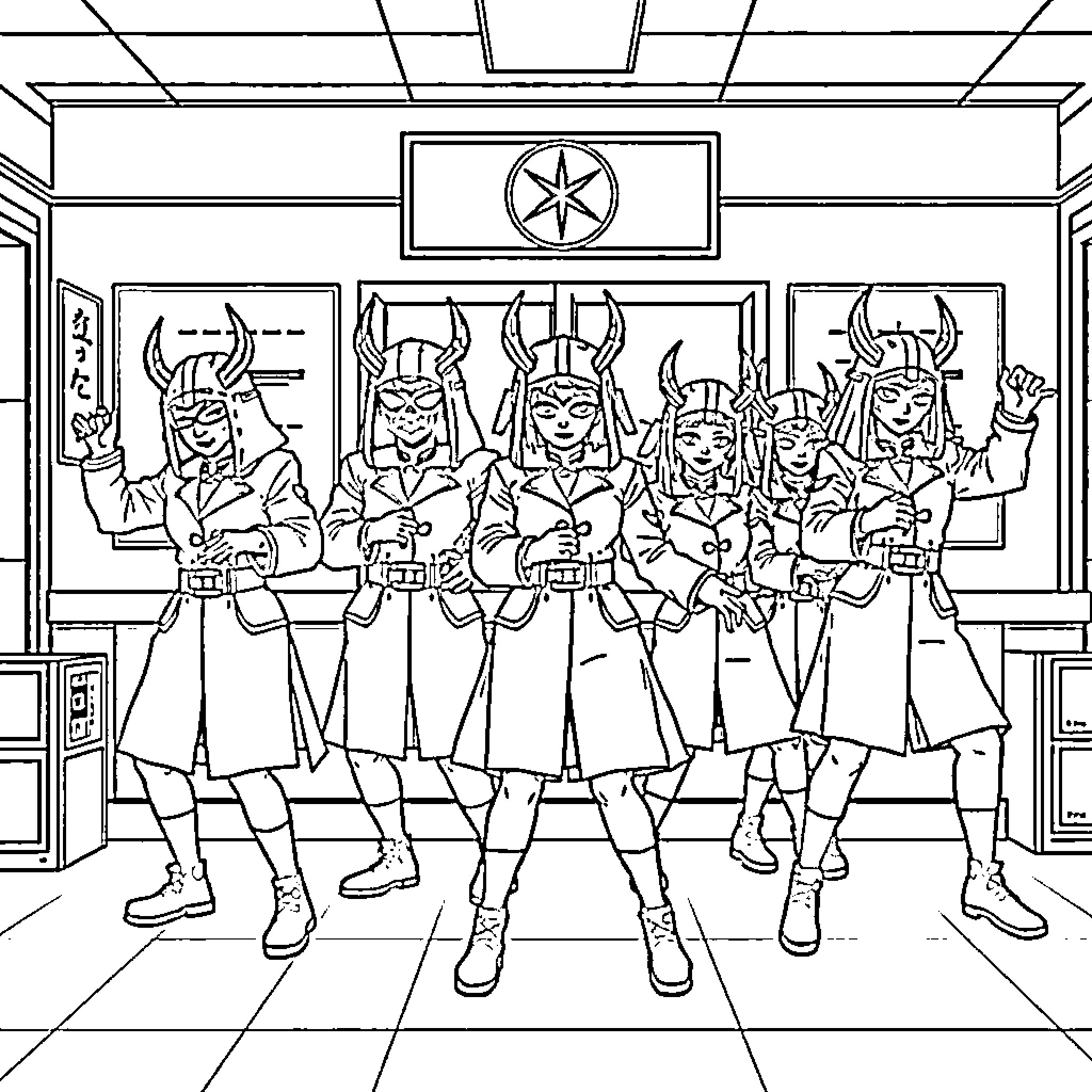 Demon Hunters Preparing for Battle Coloring Page (free black-and-white line drawing printable PDF for all, from beginners to advanced learners, including children, teens, adults, and seniors)