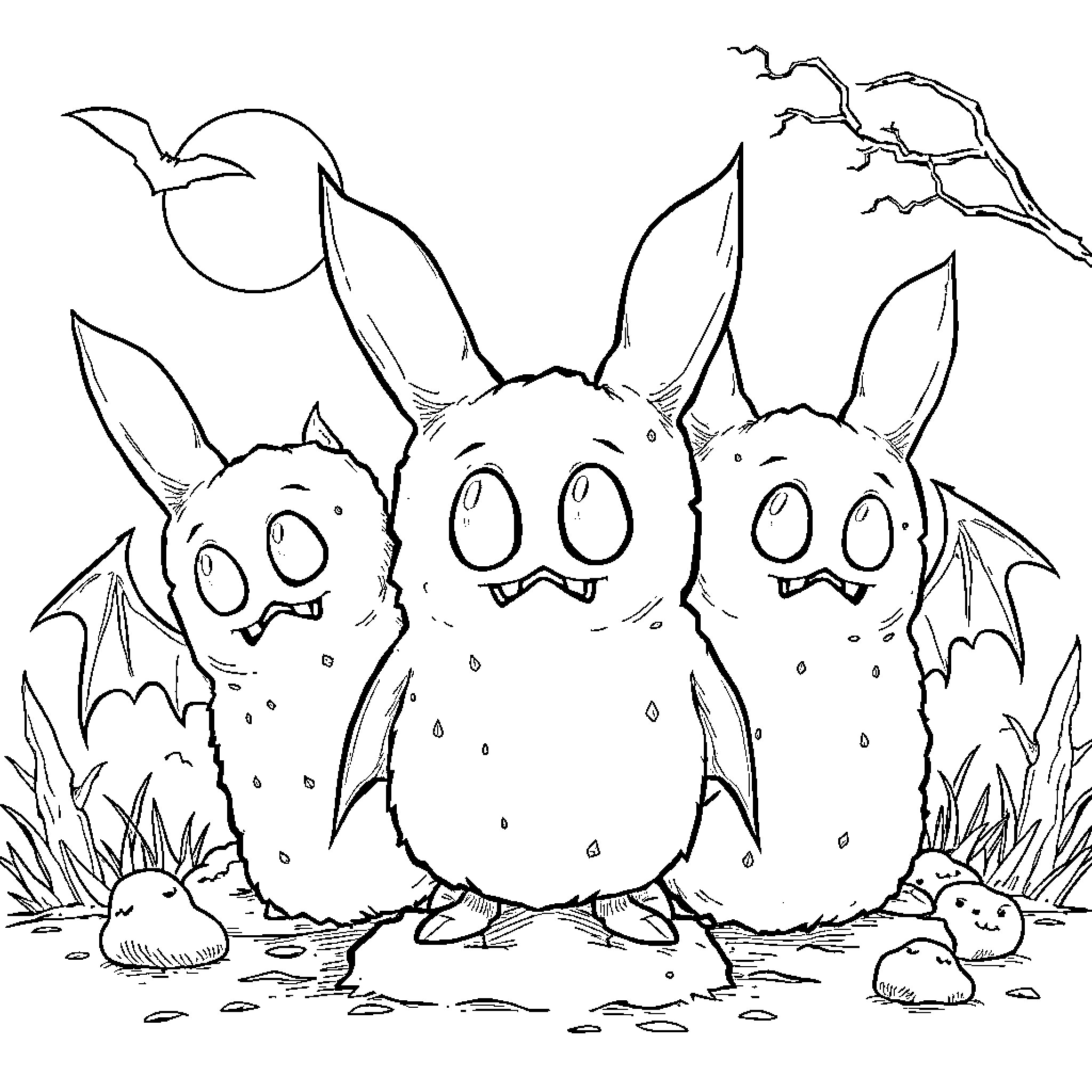 Vampire Bats Gathered in the Moonlight Coloring Page (free black-and-white line drawing printable PDF for all, from beginners to advanced learners, including children, teens, adults, and seniors)