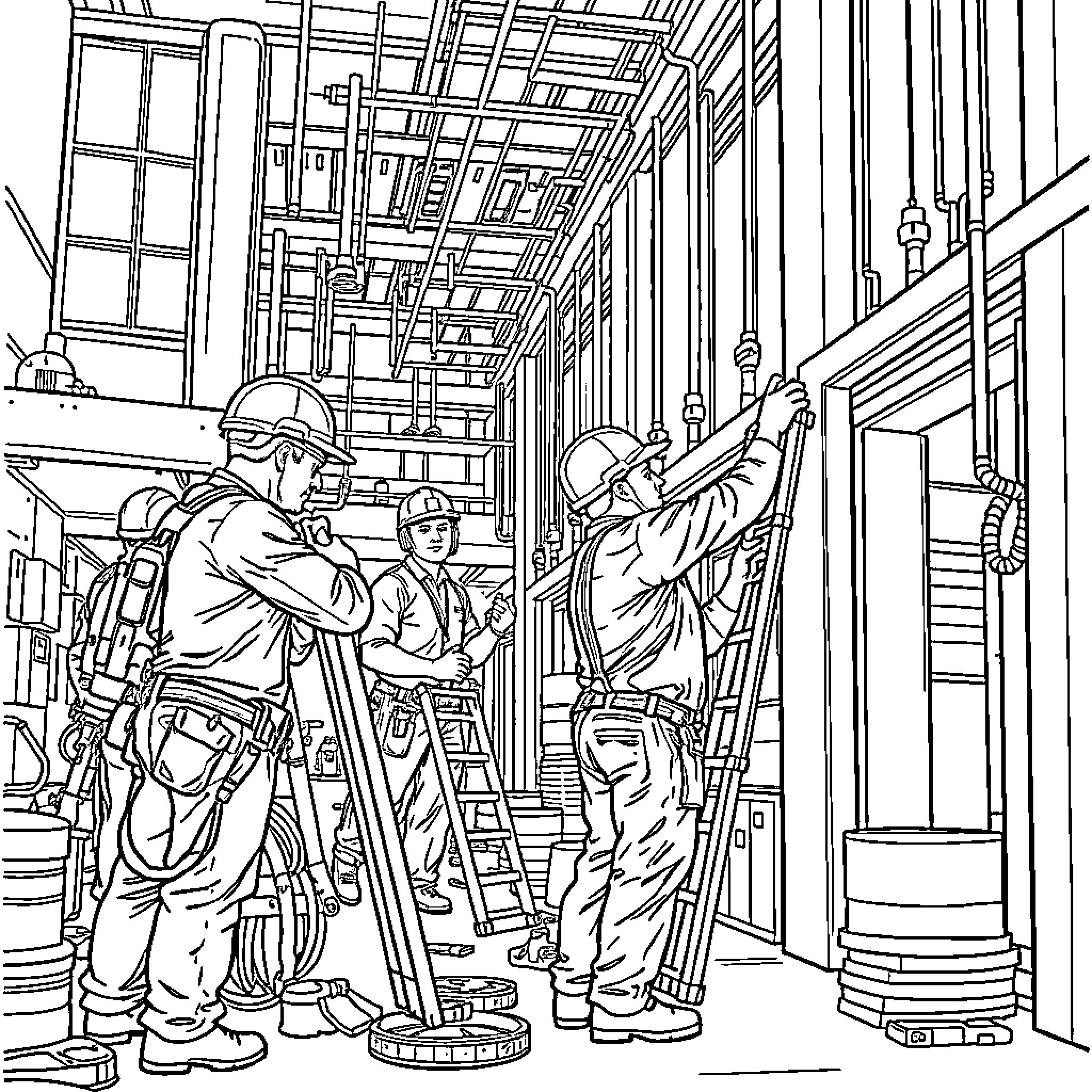 Maintenance Guys Working in Busy Construction Site Coloring Page (free black-and-white line drawing printable PDF for all, from beginners to advanced learners, including children, teens, adults, and seniors)