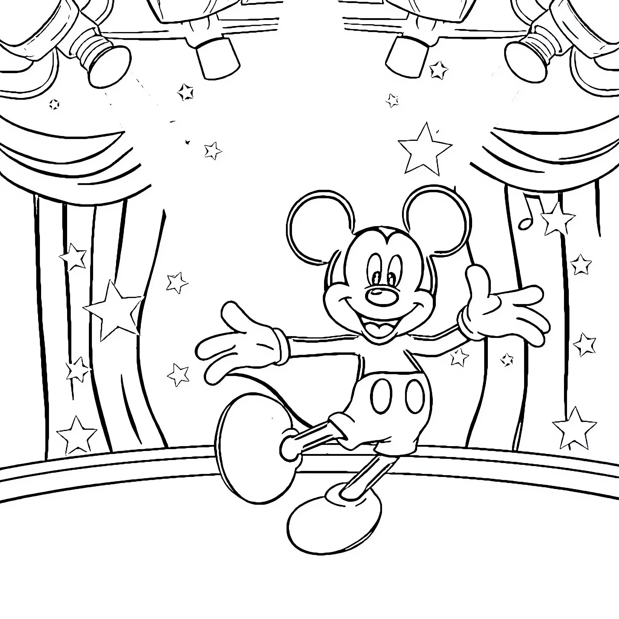 Mickey Mouse waving excitedly on stage with stars Coloring Page (free black-and-white line drawing printable PDF for all, from beginners to advanced learners, including children, teens, adults, and seniors)