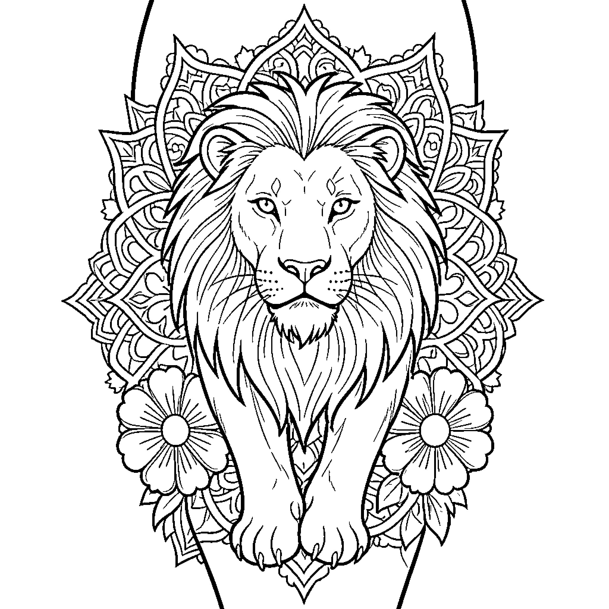 Lion surrounded by mandala and floral patterns Coloring Page (free black-and-white line drawing printable PDF for all, from beginners to advanced learners, including children, teens, adults, and seniors)