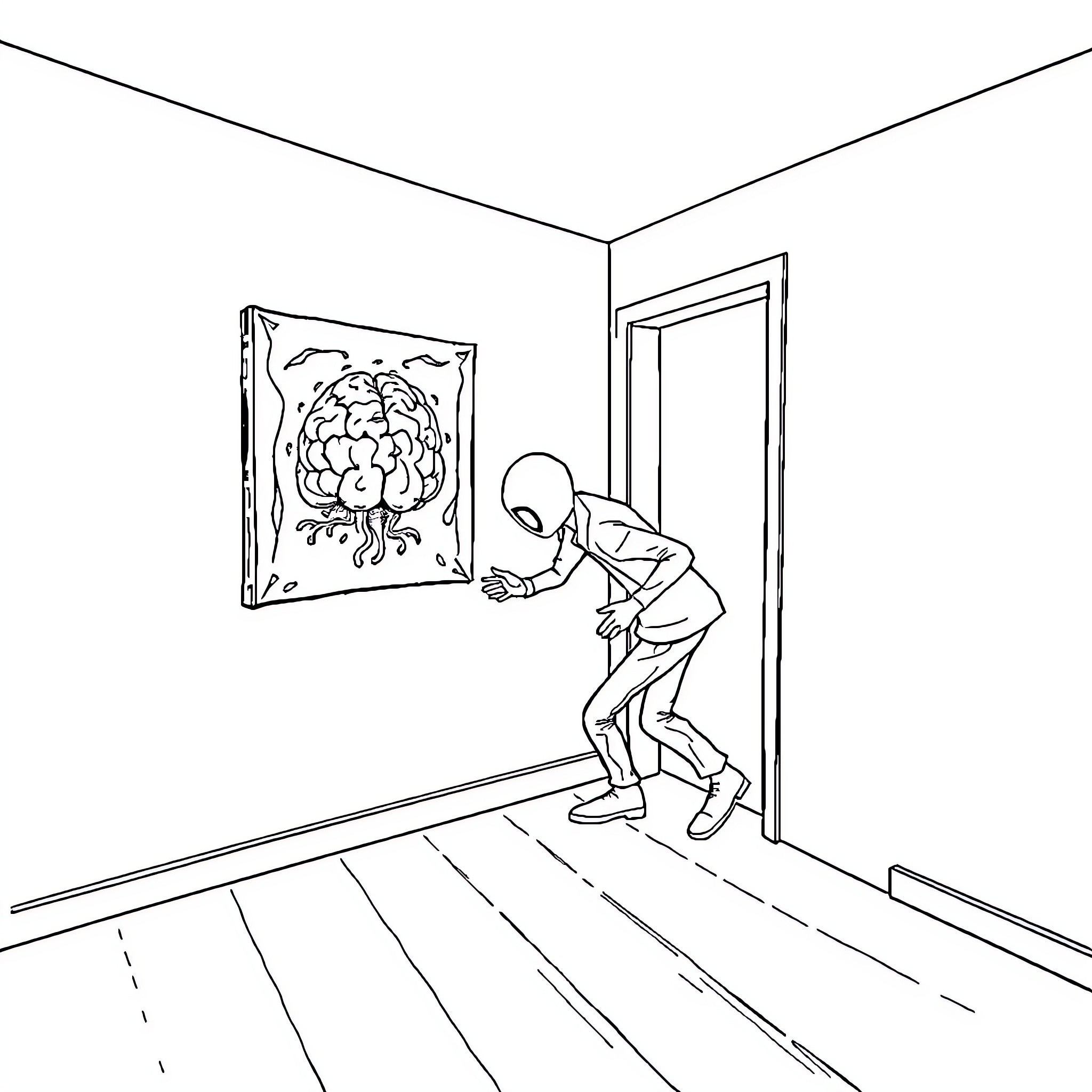 Brain Rot: Surreal Encounter in the Room Coloring Page (free black-and-white line drawing printable PDF for all, from beginners to advanced learners, including children, teens, adults, and seniors)