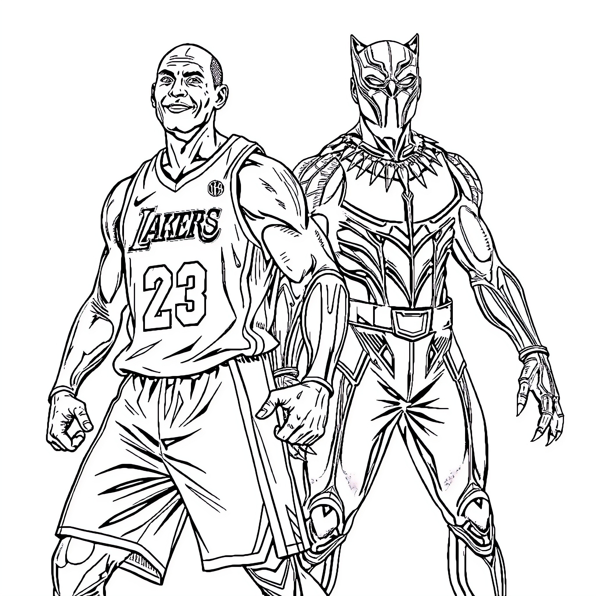 Kobe Bryant and Black Panther in Athletic Uniforms Coloring Page (free black-and-white line drawing printable PDF for all, from beginners to advanced learners, including children, teens, adults, and seniors)