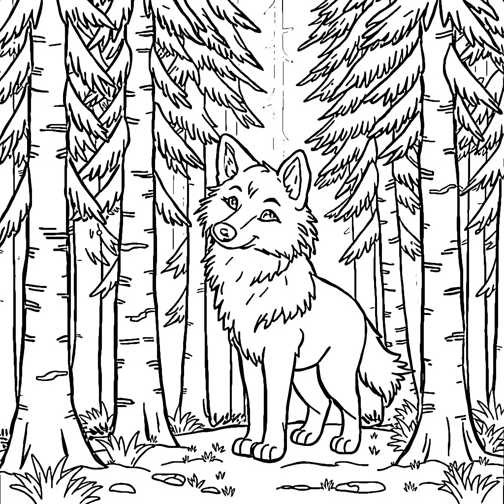 Wolf in the Snowy Forest Coloring Page (free black-and-white line drawing printable PDF for all, from beginners to advanced learners, including children, teens, adults, and seniors)