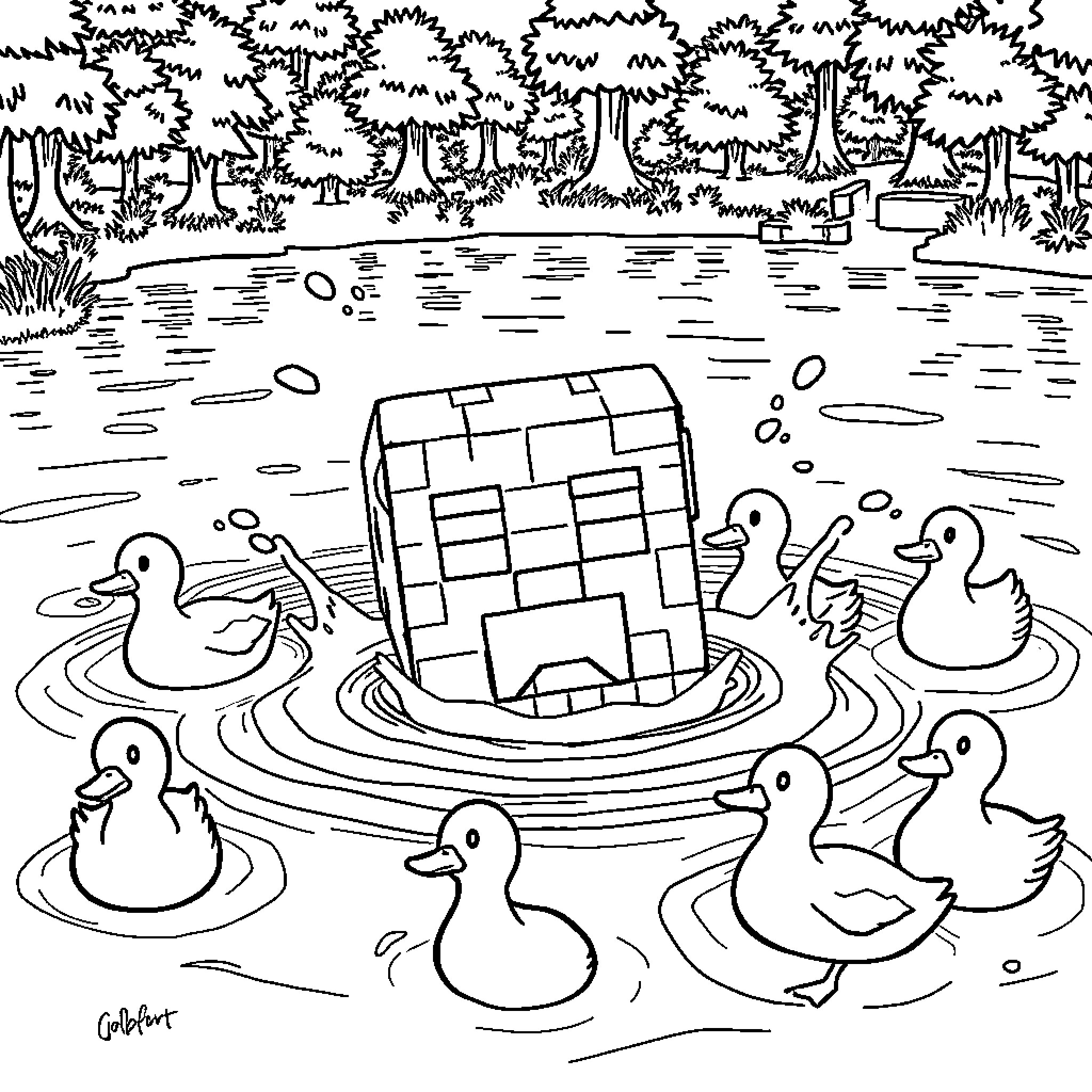 Creeper ducklings swimming near a floating platform Coloring Page (free black-and-white line drawing printable PDF for all, from beginners to advanced learners, including children, teens, adults, and seniors)