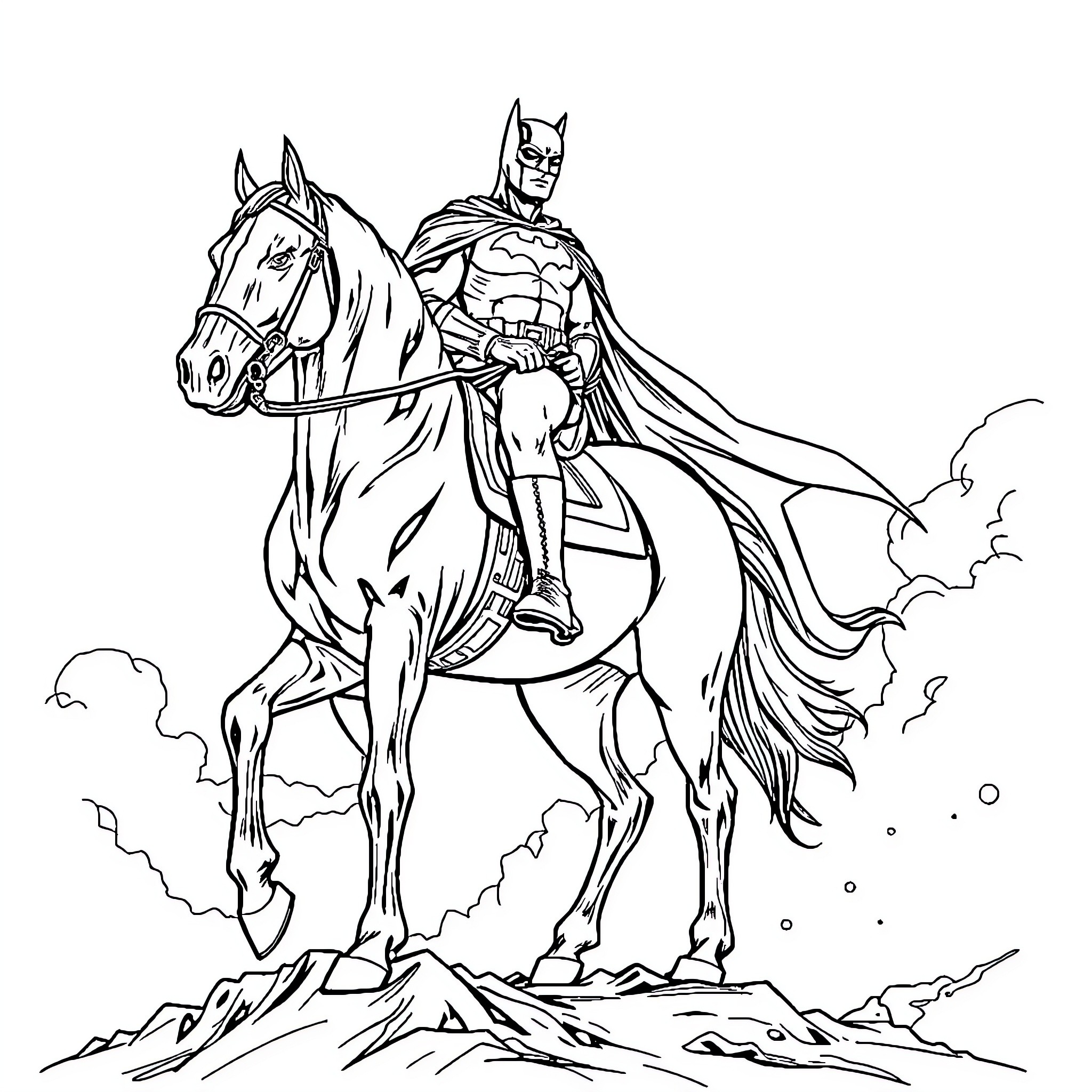 Batman riding a majestic horse on a rugged landscape Coloring Page (free black-and-white line drawing printable PDF for all, from beginners to advanced learners, including children, teens, adults, and seniors)