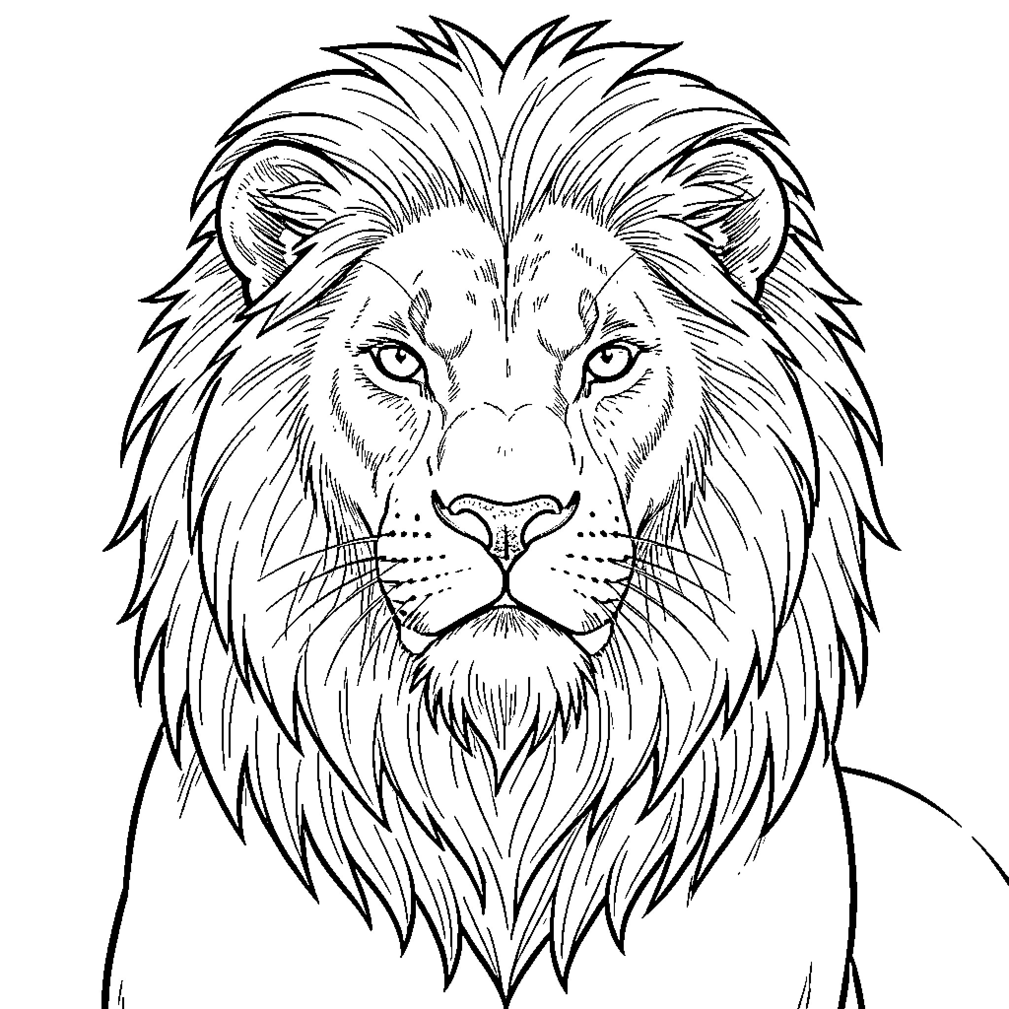 Lion with intense gaze and majestic mane Coloring Page (free black-and-white line drawing printable PDF for all, from beginners to advanced learners, including children, teens, adults, and seniors)