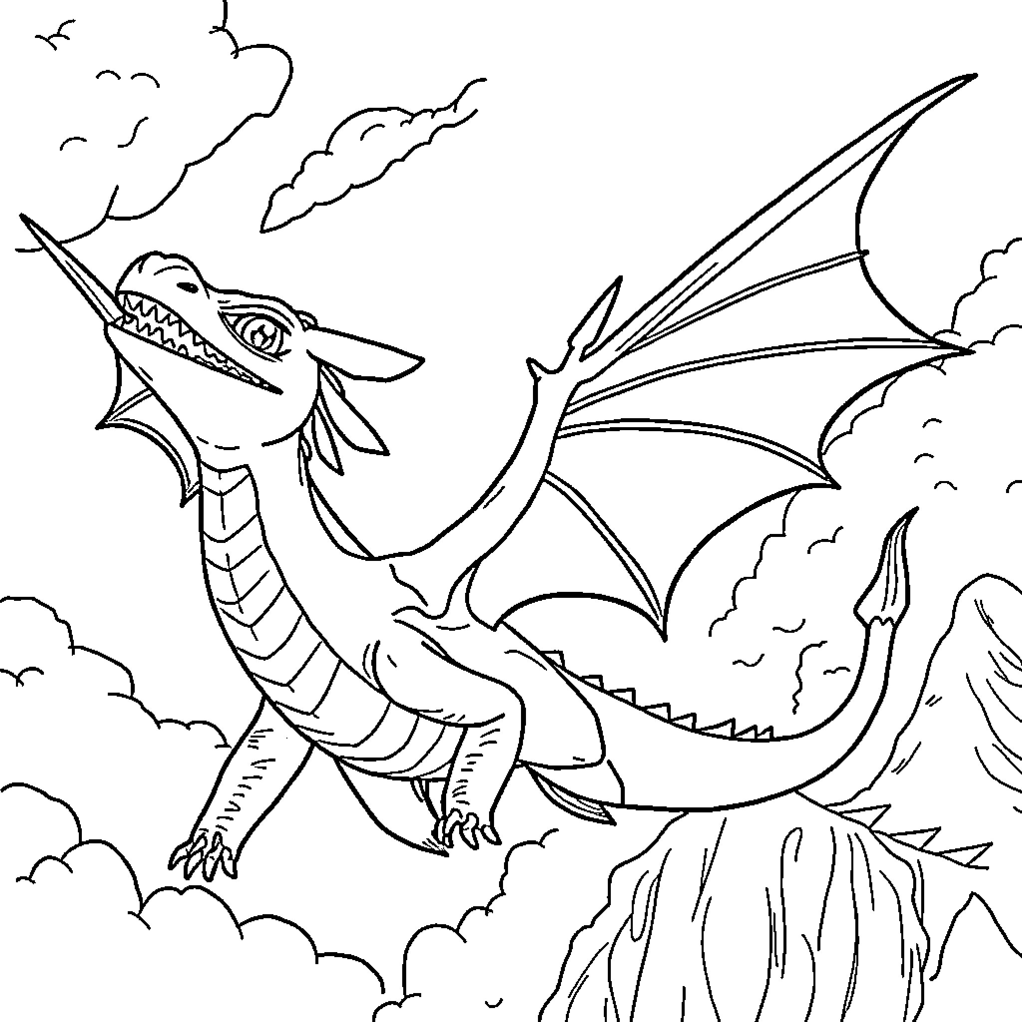 Dragon soaring majestically through the clouds Coloring Page (free black-and-white line drawing printable PDF for all, from beginners to advanced learners, including children, teens, adults, and seniors)