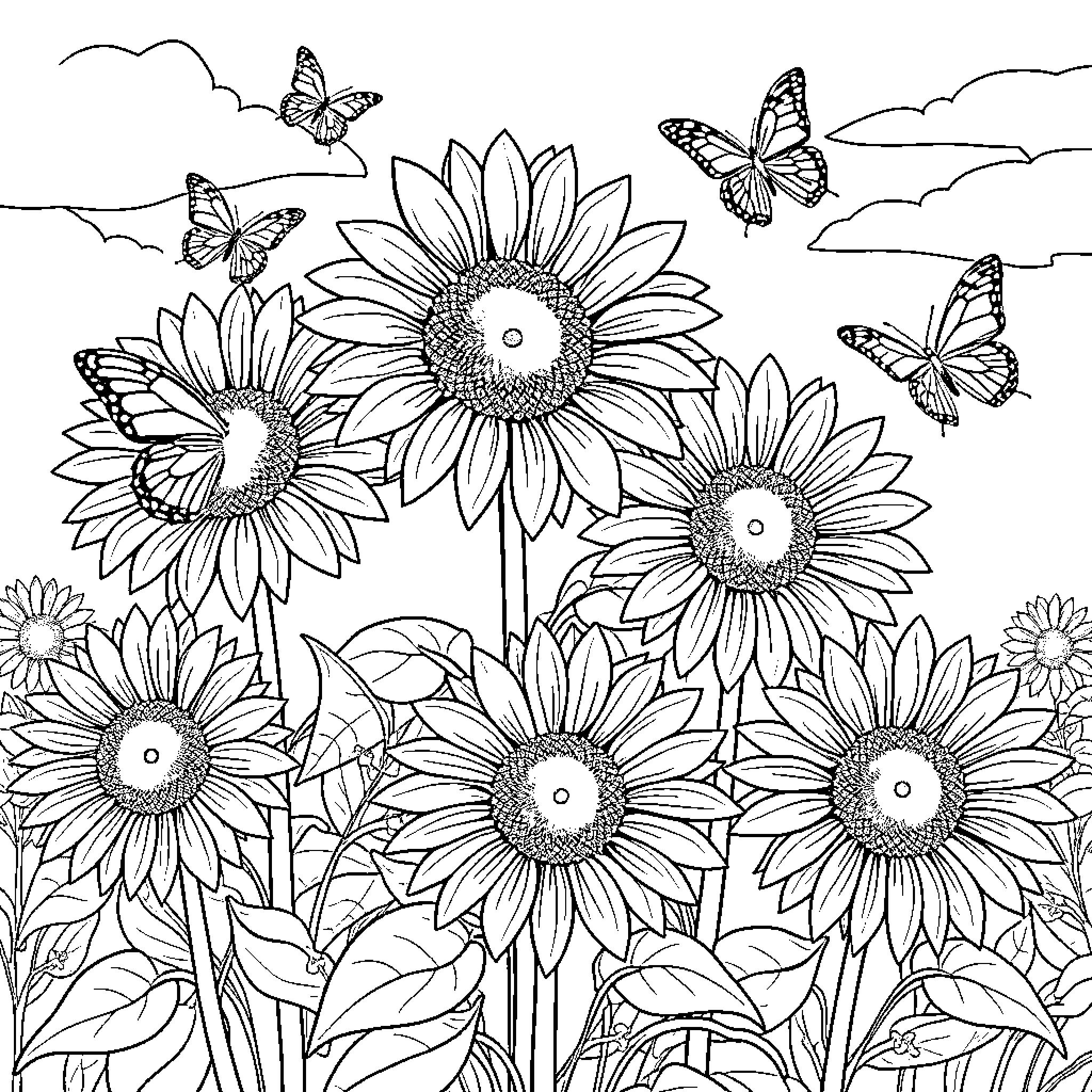 Sunflower field with butterflies in flight Coloring Page (free black-and-white line drawing printable PDF for all, from beginners to advanced learners, including children, teens, adults, and seniors)