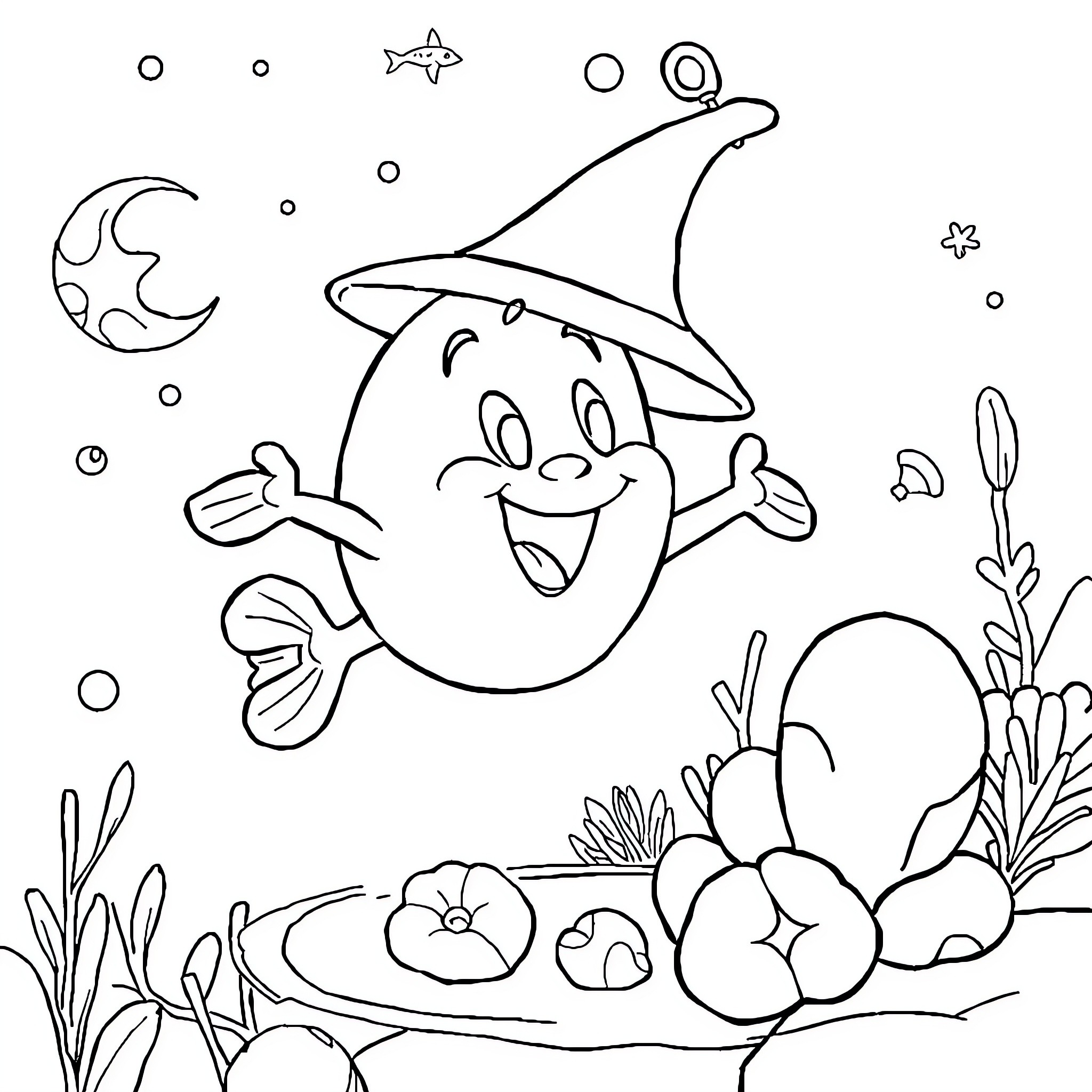 Spongebob enjoying underwater adventure with sea creatures Coloring Page (free black-and-white line drawing printable PDF for all, from beginners to advanced learners, including children, teens, adults, and seniors)