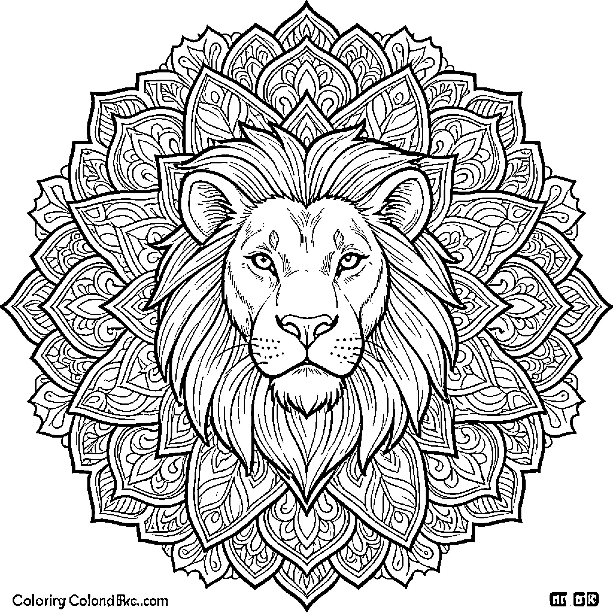 Lion head centered within an intricate mandala pattern Coloring Page (free black-and-white line drawing printable PDF for all, from beginners to advanced learners, including children, teens, adults, and seniors)
