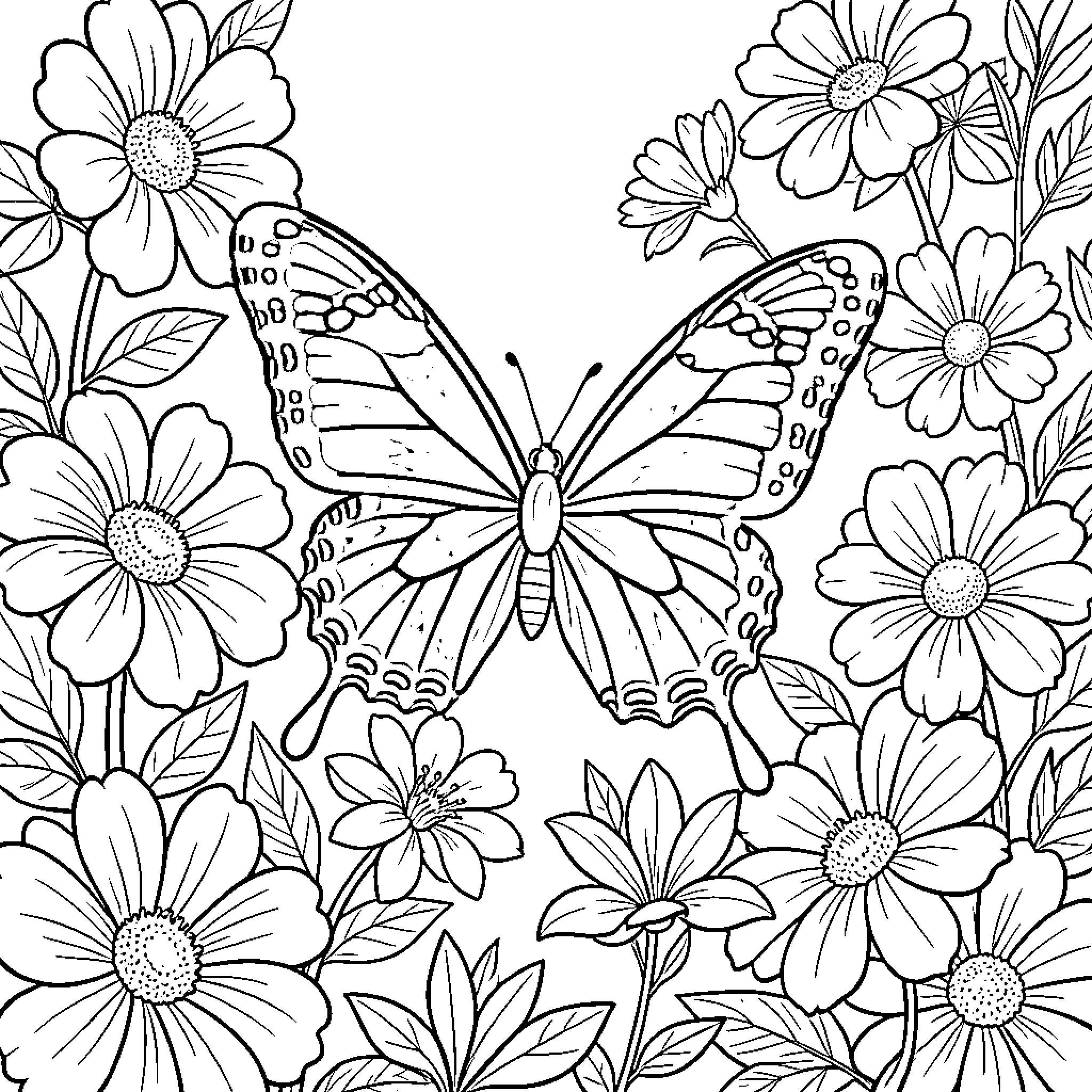 Butterfly Among Blooming Flowers Coloring Page (free black-and-white line drawing printable PDF for all, from beginners to advanced learners, including children, teens, adults, and seniors)