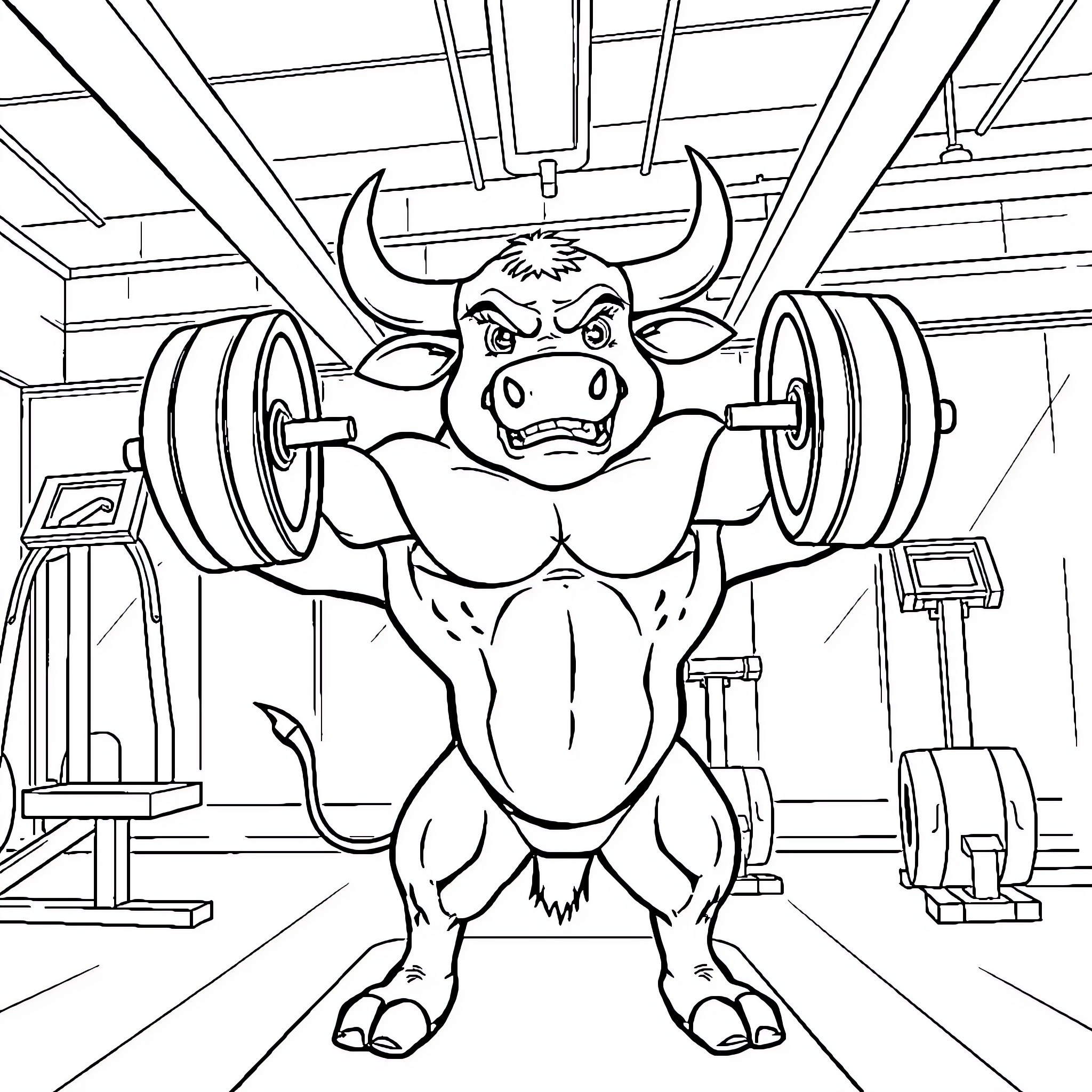 Benny The Bull Lifting Weights at the Gym Coloring Page (free black-and-white line drawing printable PDF for all, from beginners to advanced learners, including children, teens, adults, and seniors)