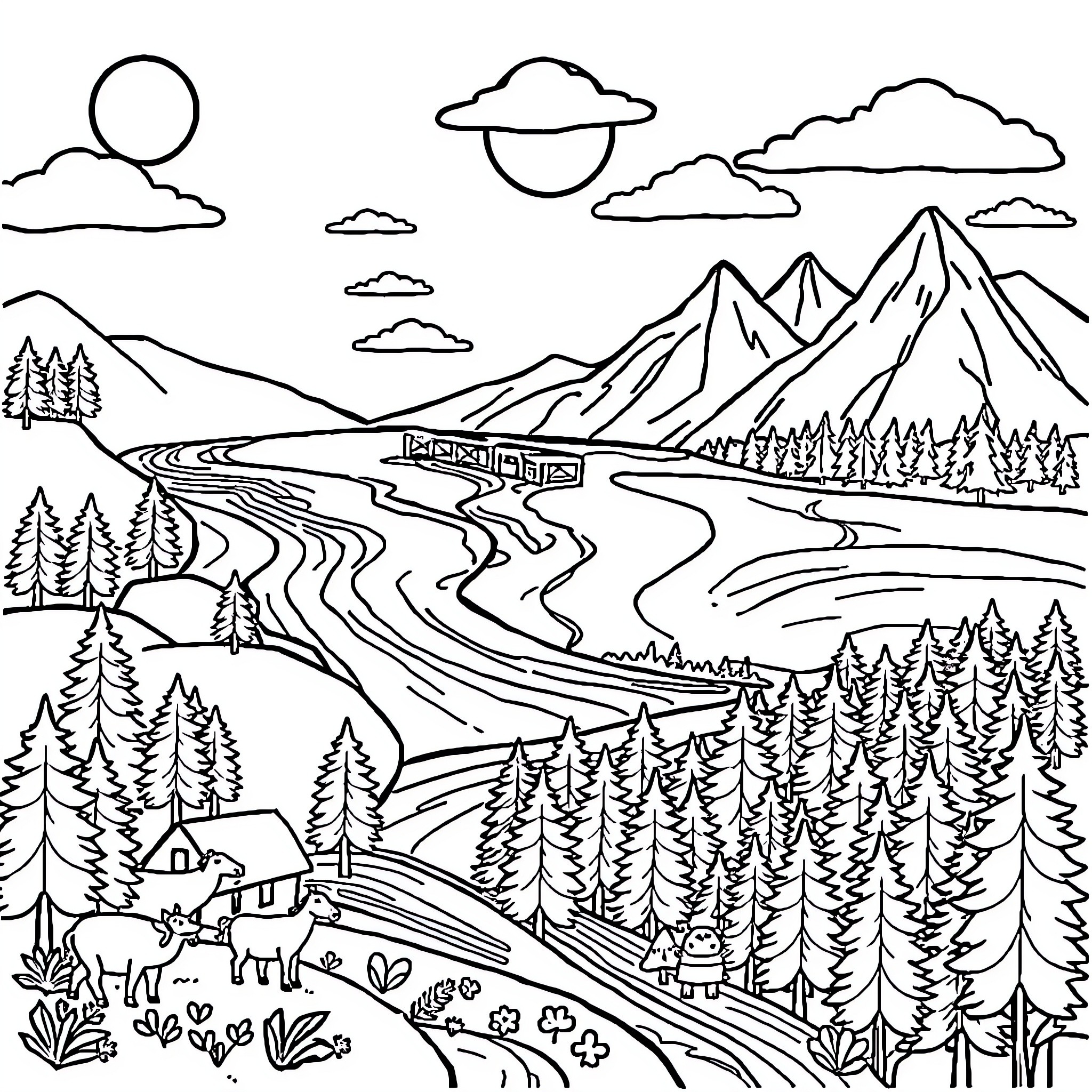 Nature's Scenic Mountain Landscape with Winding Road Coloring Page (free black-and-white line drawing printable PDF for all, from beginners to advanced learners, including children, teens, adults, and seniors)