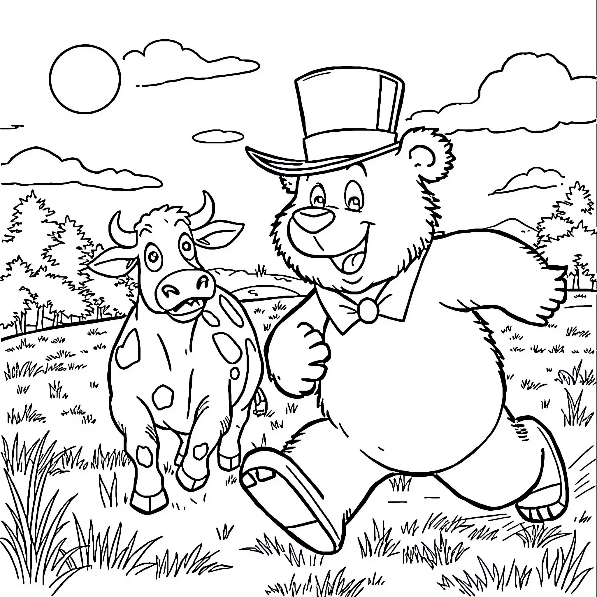Freddy Fazbear and cow in cheerful countryside scene Coloring Page (free black-and-white line drawing printable PDF for all, from beginners to advanced learners, including children, teens, adults, and seniors)