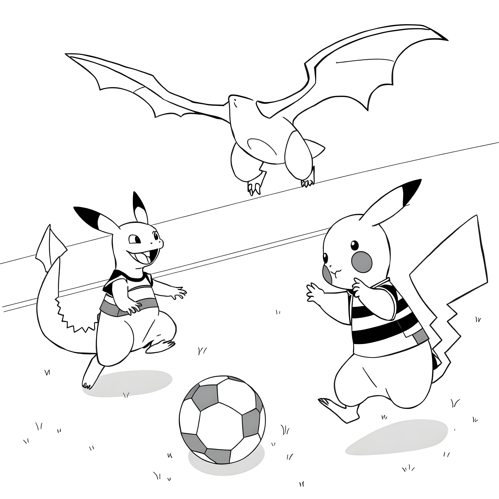 Pokémon characters playing soccer and flying Coloring Page (free black-and-white line drawing printable PDF for all, from beginners to advanced learners, including children, teens, adults, and seniors)