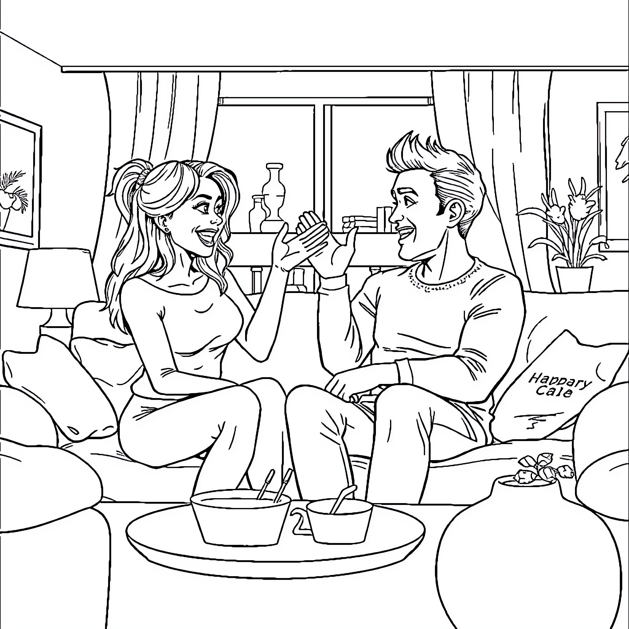 Woman and man conversing happily in living room Coloring Page (free black-and-white line drawing printable PDF for all, from beginners to advanced learners, including children, teens, adults, and seniors)
