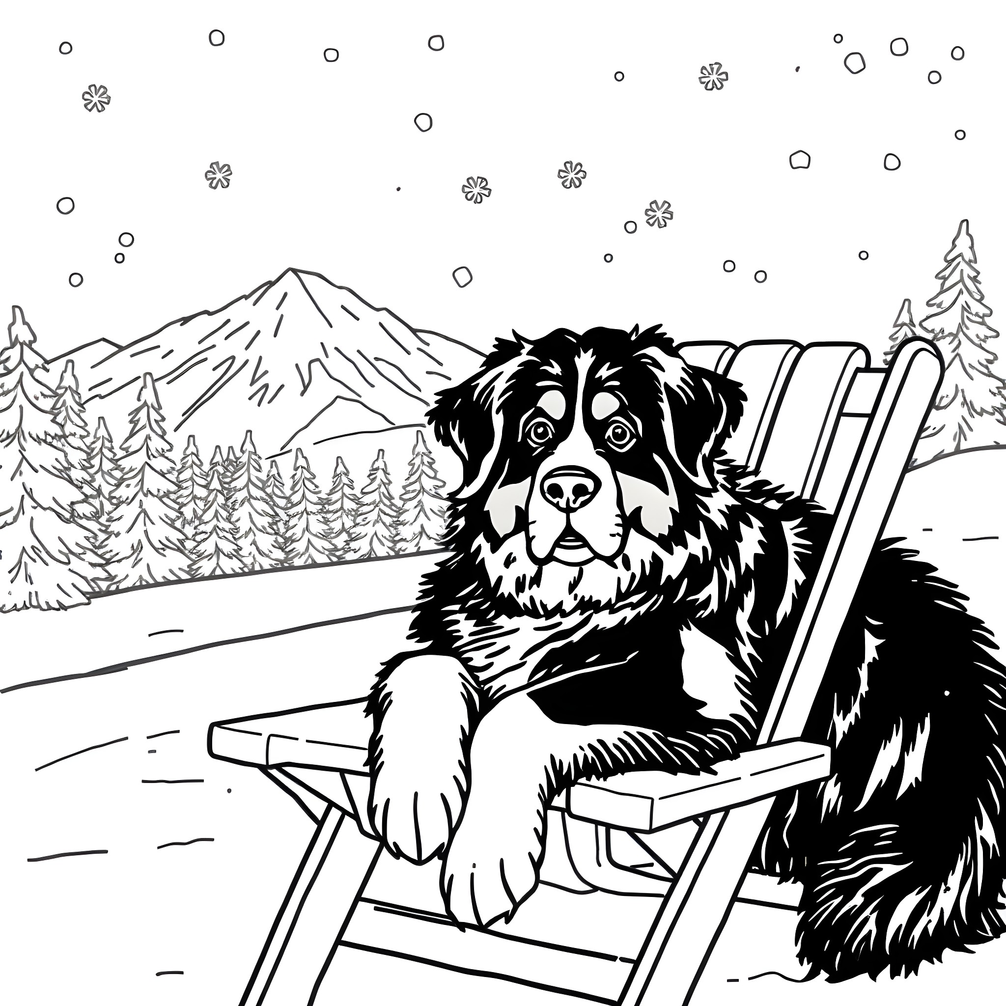 Bernese Mountain Dog relaxing in snowy landscape Coloring Page (free black-and-white line drawing printable PDF for all, from beginners to advanced learners, including children, teens, adults, and seniors)