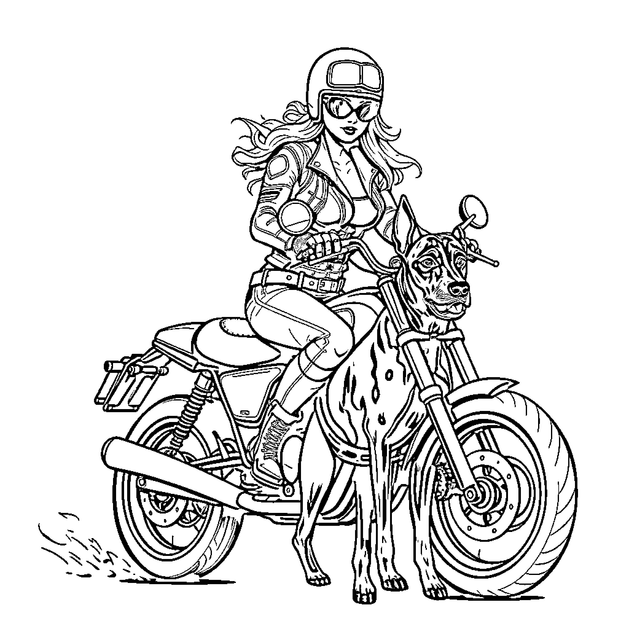Biker riding motorcycle with pet dog Coloring Page (free black-and-white line drawing printable PDF for all, from beginners to advanced learners, including children, teens, adults, and seniors)