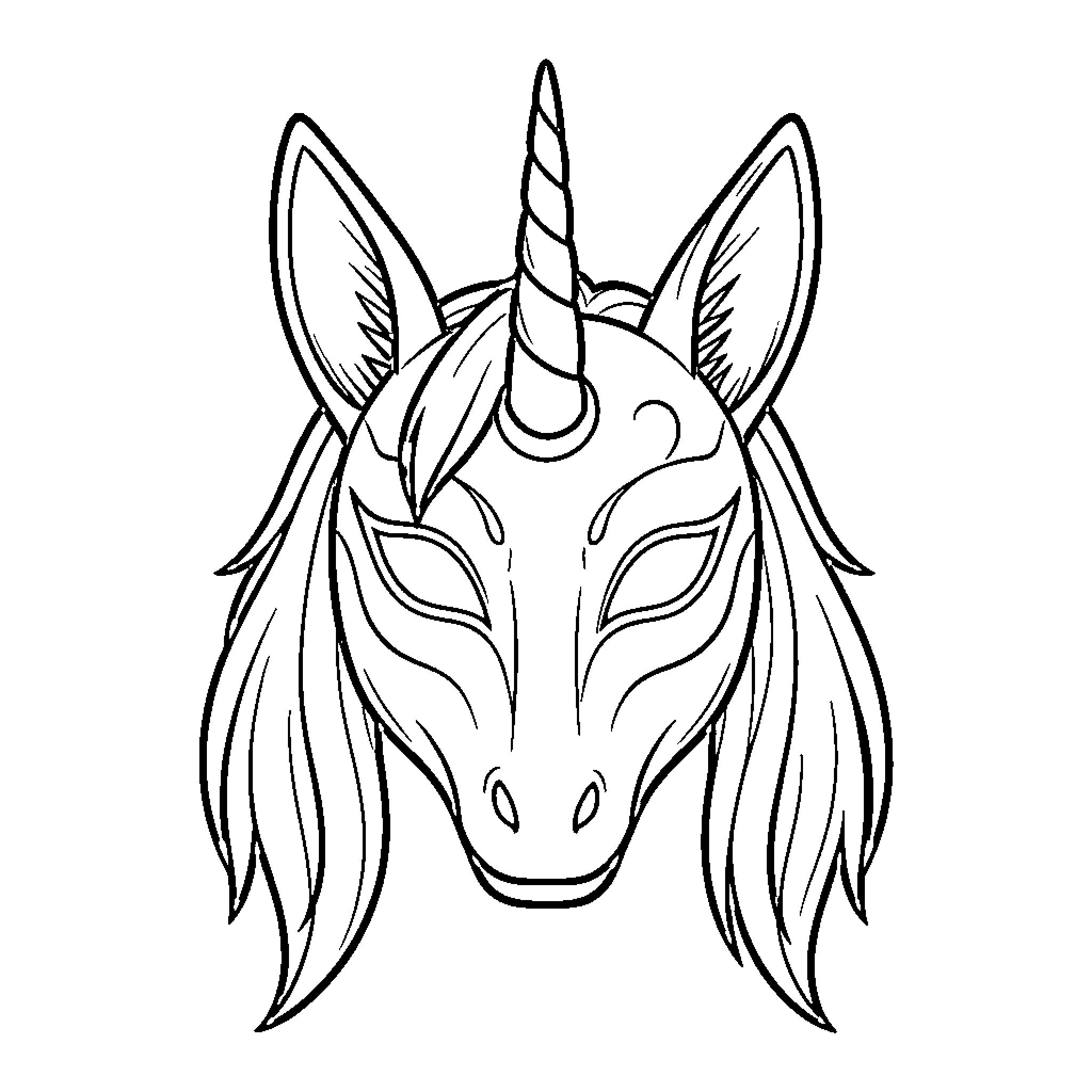 Unicorn Mask with flowing mane and mystical features Coloring Page (free black-and-white line drawing printable PDF for all, from beginners to advanced learners, including children, teens, adults, and seniors)