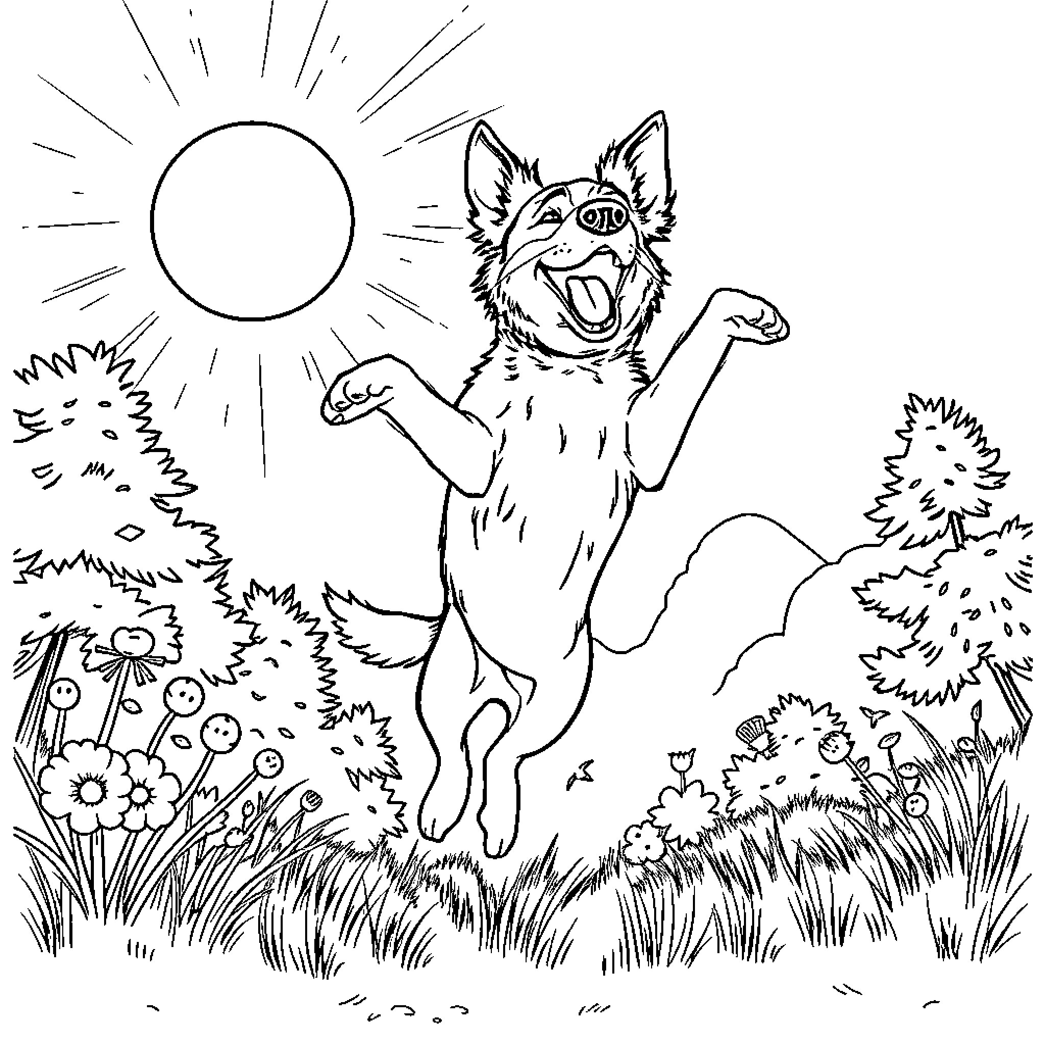 Dog happily leaping in the sunshine Coloring Page (free black-and-white line drawing printable PDF for all, from beginners to advanced learners, including children, teens, adults, and seniors)