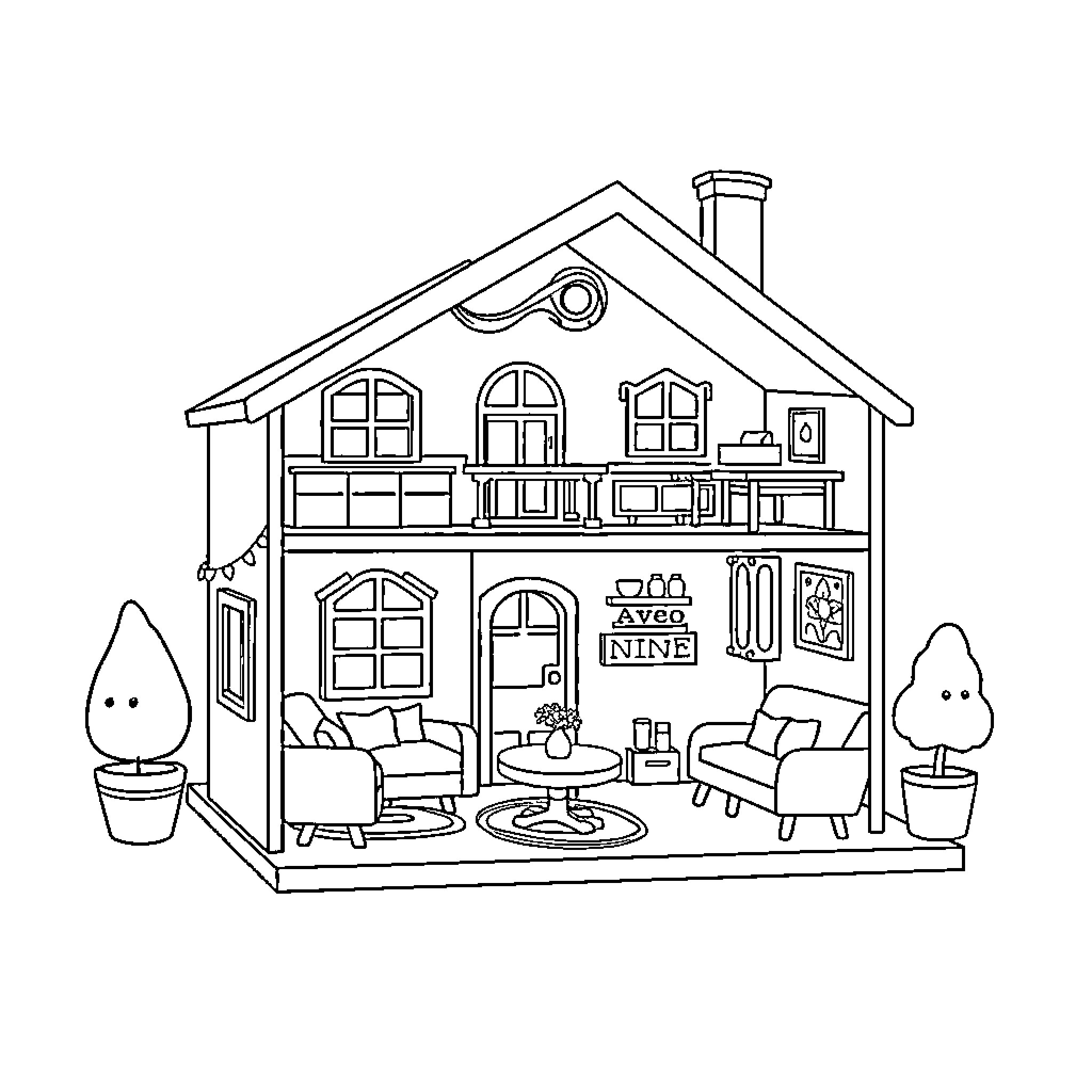 Gabby's Cozy Dollhouse with Furnishings Coloring Page (free black-and-white line drawing printable PDF for all, from beginners to advanced learners, including children, teens, adults, and seniors)