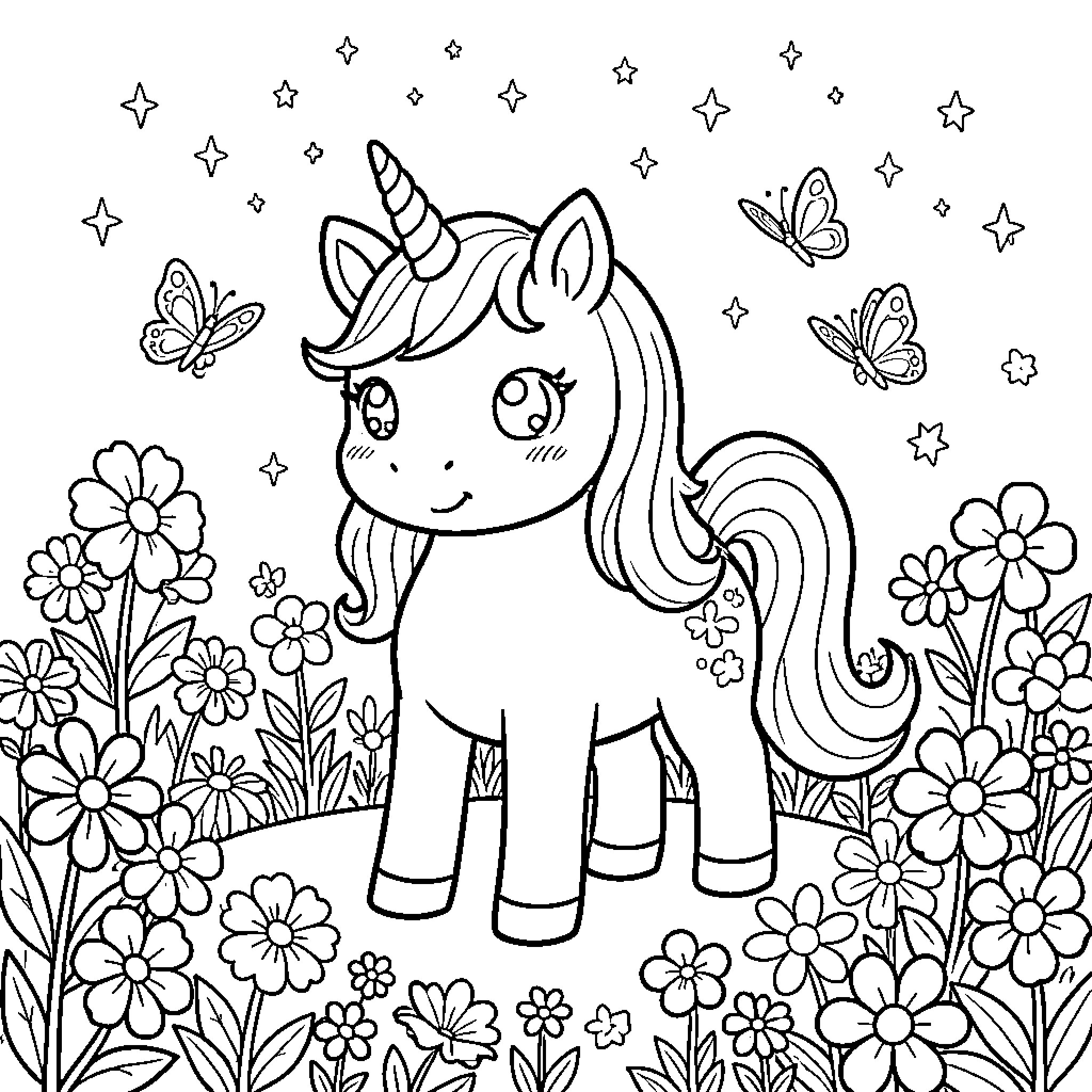 Unicorn standing amidst flowers and flying butterflies Coloring Page (free black-and-white line drawing printable PDF for all, from beginners to advanced learners, including children, teens, adults, and seniors)