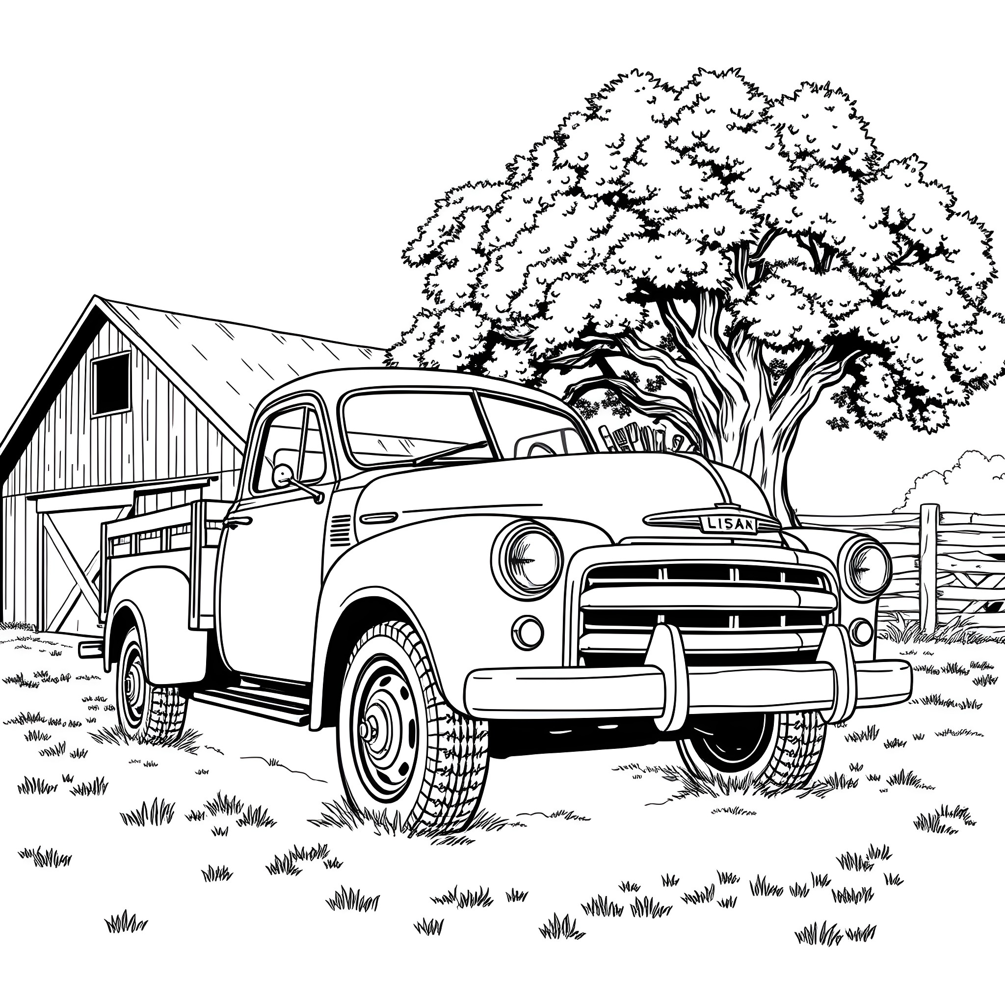 Truck parked in a rural farm setting Coloring Page (free black-and-white line drawing printable PDF for all, from beginners to advanced learners, including children, teens, adults, and seniors)