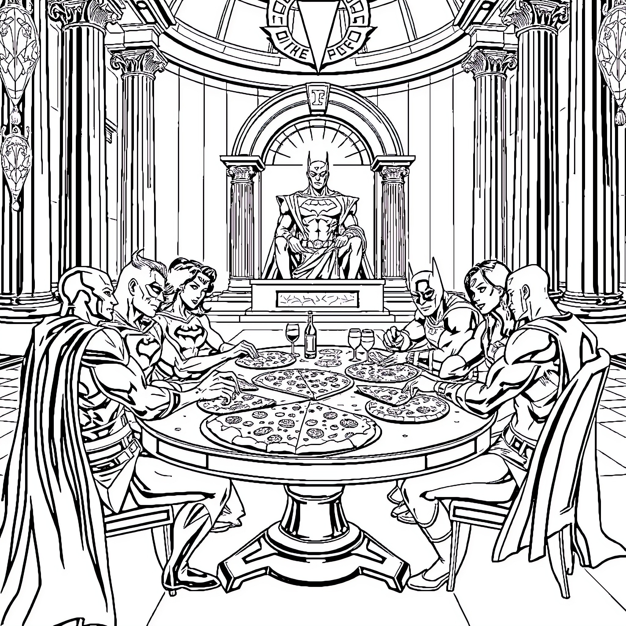 Justice League enjoying a grand feast together Coloring Page (free black-and-white line drawing printable PDF for all, from beginners to advanced learners, including children, teens, adults, and seniors)
