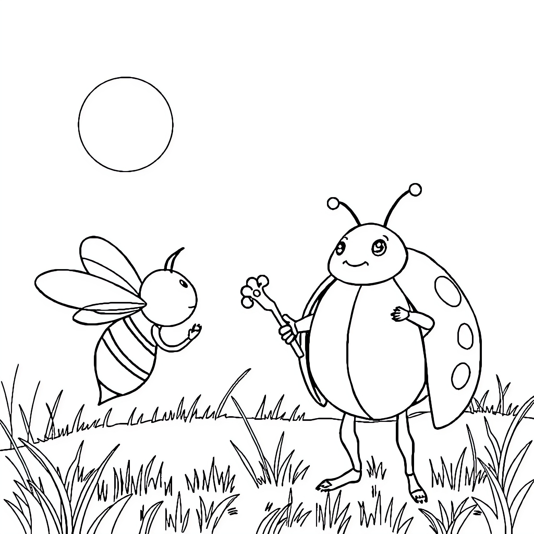 Ladybug and Bee Playing in the Garden Coloring Page (free black-and-white line drawing printable PDF for all, from beginners to advanced learners, including children, teens, adults, and seniors)