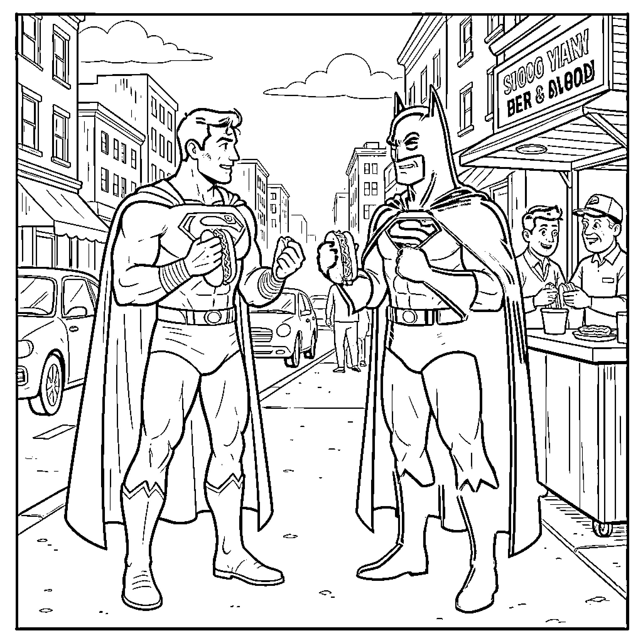 Superman and Batman eating snacks on a city street Coloring Page (free black-and-white line drawing printable PDF for all, from beginners to advanced learners, including children, teens, adults, and seniors)