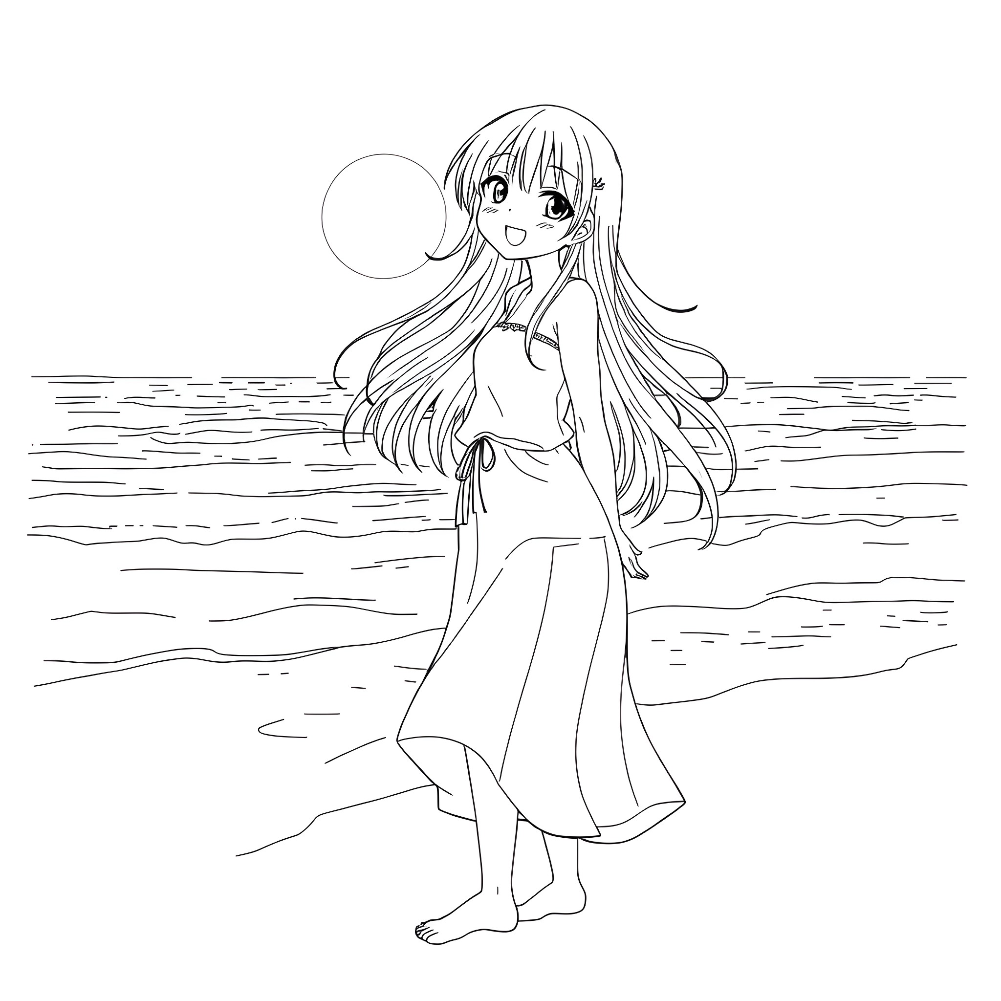 Anime Girl Happily Frolicking on the Beach Coloring Page (free black-and-white line drawing printable PDF for all, from beginners to advanced learners, including children, teens, adults, and seniors)